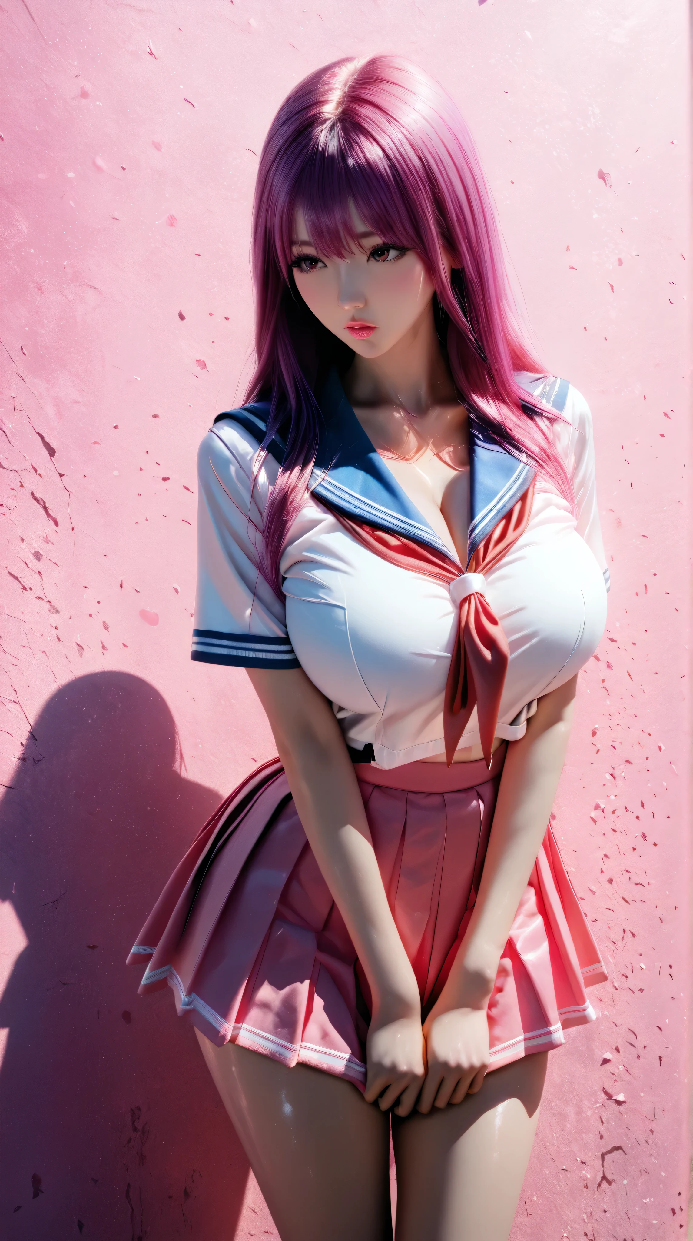 ((Highest quality, 8k, masterpiece :1.3)), (Sharp focus :1.2, Beautiful woman with perfect figure :1.4, Slim Abs), ((Big Breasts, Emphasize cleavage:1.2)), (Photorealistic:1.4), (realistic:1.4), (Pink Hair:1.5), Highly detailed face and skin texture, Fine grain, double eyelid. Makeup face, A little bit of lipstick, sex appeal, Sexy gravure pose, ((She was wearing a white sailor suit with a blue ribbon as a highlight.、A high school girl with medium-long black hair、Striking sexy poses in the school hallway。In the background, classroom doors line the room.。:1.3)