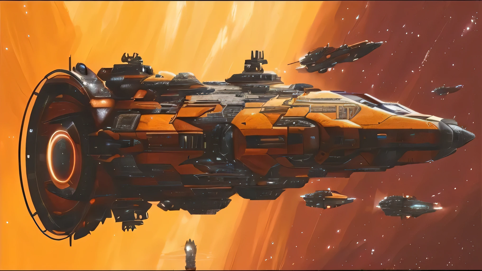 spaceship flying in the sky with a star in the background, craig mullins style, space opera and dystopian style, inspired by Craig Mullins, homeworld, an epic space ship scene, parked spaceships, craig mullins nekro, homeworld style, nicolas bouvier sparth, sparth style, borne space library artwork, looking at spaceships at dock, space ships