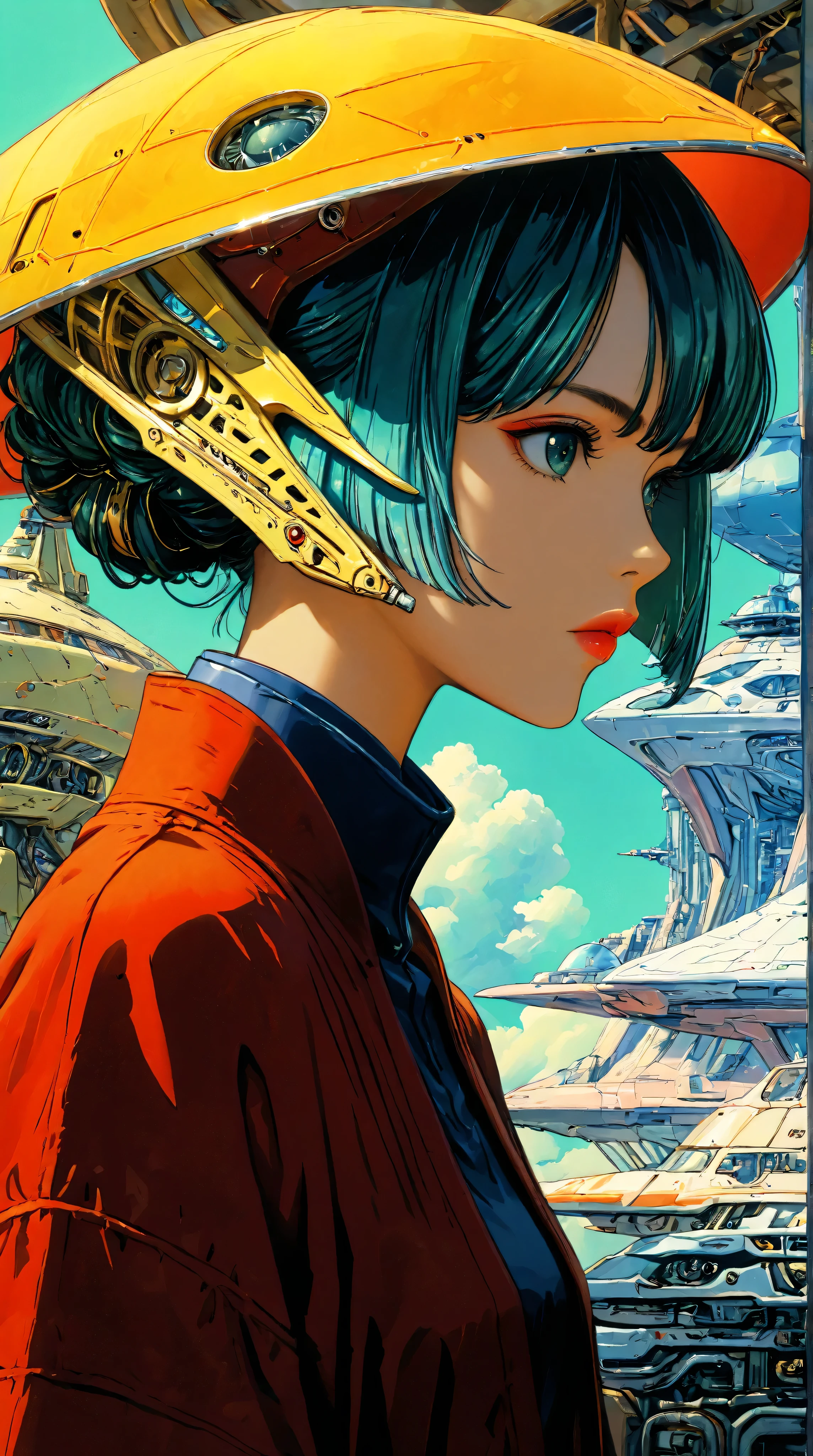((best quality)), ((masterpiece)), (detailed), perfect face of cyberpunk mecha japanese girl, surreal, art nouveau, in the illustrative style of moebius, spaceships, aliens, fantasy, sci-fi, graphic novel, line drawing, french retro,