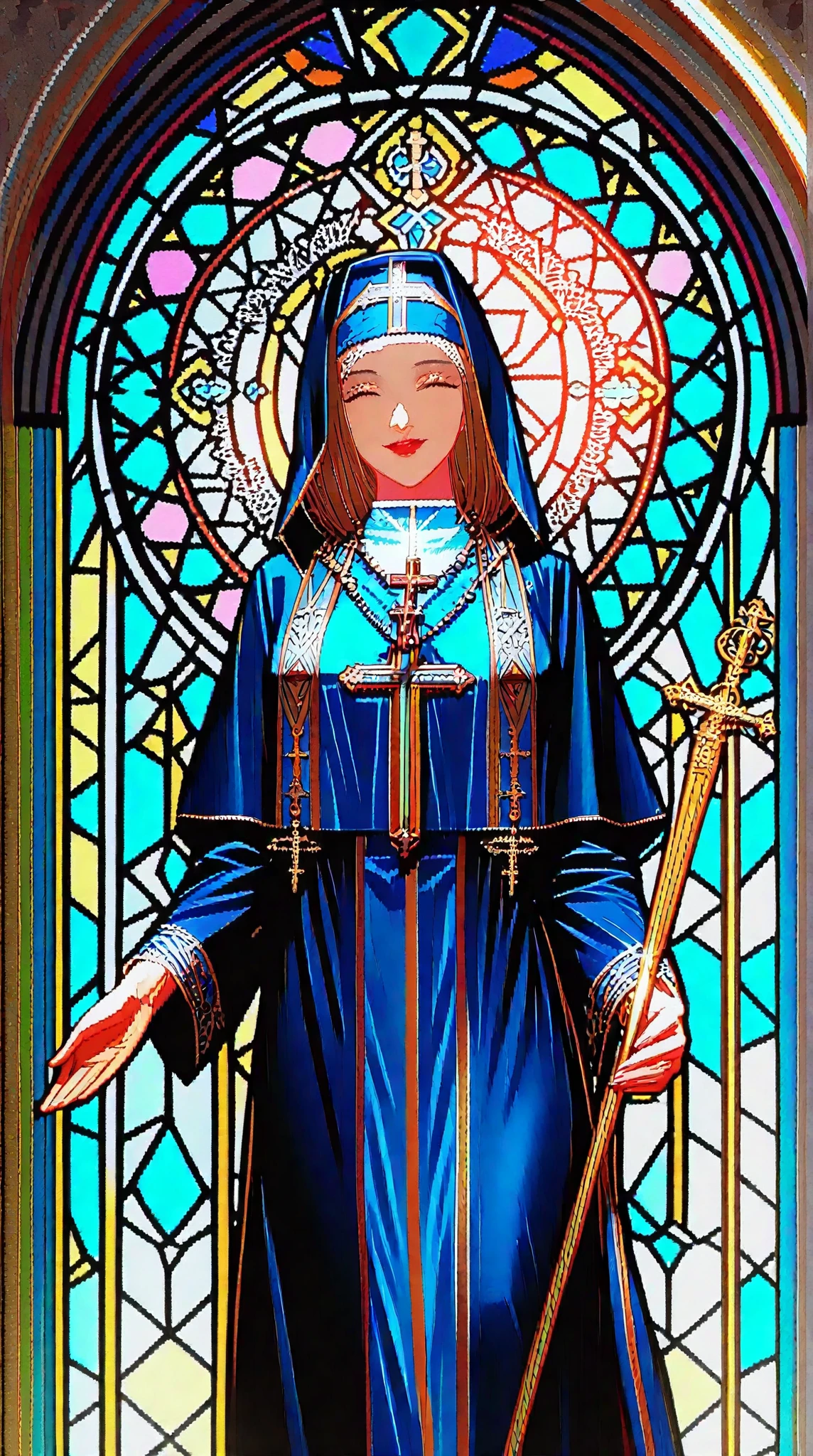 ((Highest quality)),( super high definition ),(very well detailed),( detailed description),(( best CG )),(masterpiece), Ultra Detailed Art ,Amazing Painted Art,(Art with Delicate Details:1.5), Female Deacons:1.5, beautiful well-groomed face, A Smile of Charity, light blue priest robe, Rosary , HOLY SYMBOL ROD, Majestic Madonna stained glass, light shining in ,