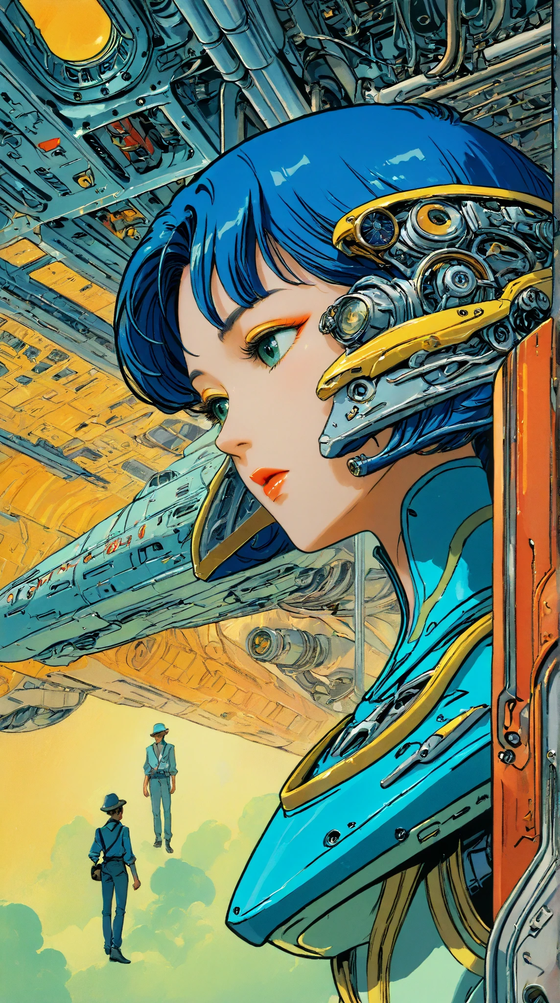 r3mbr4ndt, drawing profile of woman, art by Masamune Shirow, floating weightless, space station, looking outside towards earth, she is melancholic, and is thinking of her family back on earth. <lora:r3mbr4ndt_001:0.9>