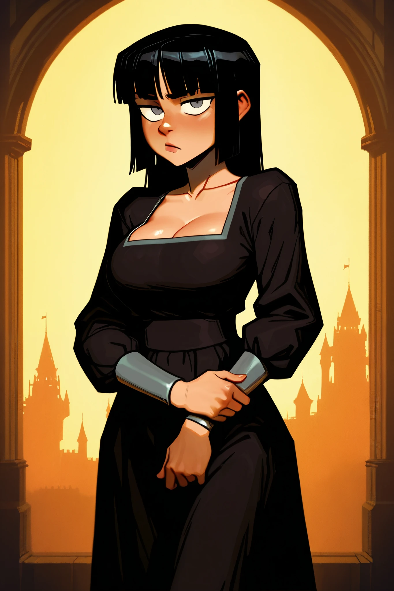 HDR, 8K, high contrast, masterpiece, best quality, amazing quality, very aesthetic, anime artstyle, realistic, hentai art, newest, (artist:incase:0.5), (artist:tsuaii:0.5) ,
BREAK
shiej007, bounce light, hyperdetailed, detailed hair strands, detailed fibers,
portrait, masterpiece, semi-realism,painterly, vivid colors, cleavage, best quality, 1girl, standing for portrait, hime cut, black hair, black dress, grey eyes. castle background, warm colors, hands crossed, looking at viewer