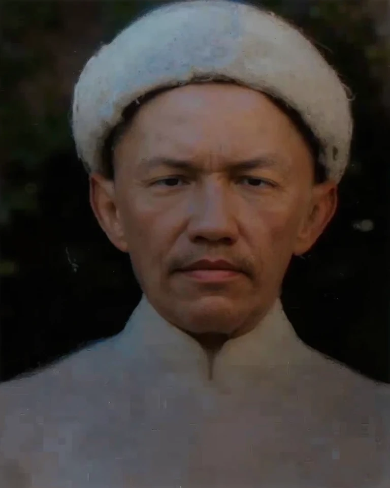 Indonesian Muslim man, aged 45 years or over, wearing a large green turban, a large, shabby shirt, brown skin, wrinkled but clean face, closed thin lips, slightly slanted eyes. HD quality realistic images