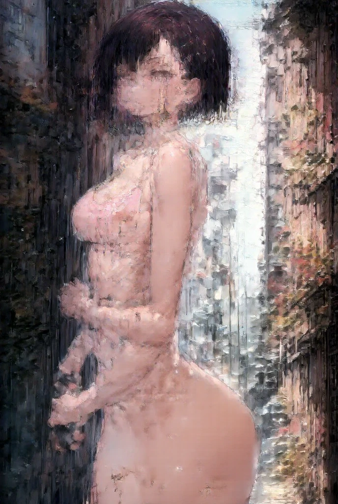 1 girl, adult girl, Red рыжие глаза, Short haircut bob, (Red_Red hair) , Big breasts, wet, dirty feet, ((blush)), ((very embarrassed)),looking away, Beautiful pupils,heavy rain, очень wet,check_9, check_8_up, check_7_up, check_6_up, anime,(All Bodies)),(((Completely naked))),((cover your groin)),((detailed vagina)), against the backdrop of a narrow alley, ((runs:1.1)), (chest shakes in different directions)), ((unusual angle))