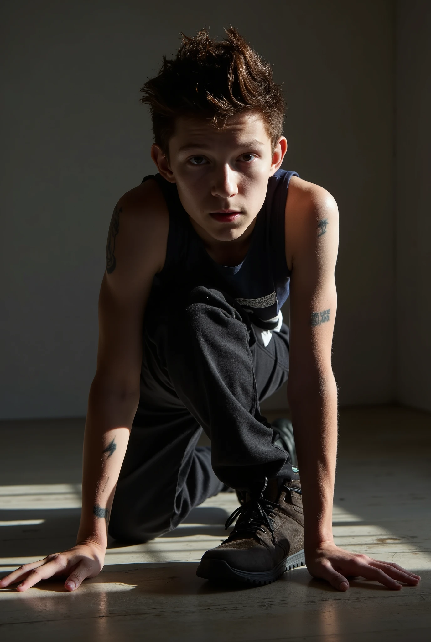 UNDERWEAR, SHORTS, PANTS, AS TOM HOLLAND, (((LITTLE CUTE YOUNG BOY))), (fantasy art), 1 boy, about ,, IN BATHROOM, AI NIGHT, NO LIGHT, , beautiful, perfect face, sweet face, with a fantastic big white dragon, dark eyes, fantastic clothes with bare arms and legs , medium mane dark hair, fantastic hairstyle, necklaces and bracelets,, fantasy, (masterpiece, photorealistic, absurd), dappled sunlight, studio lighting, ((on neutral dark gray background)),, IN CASTLE