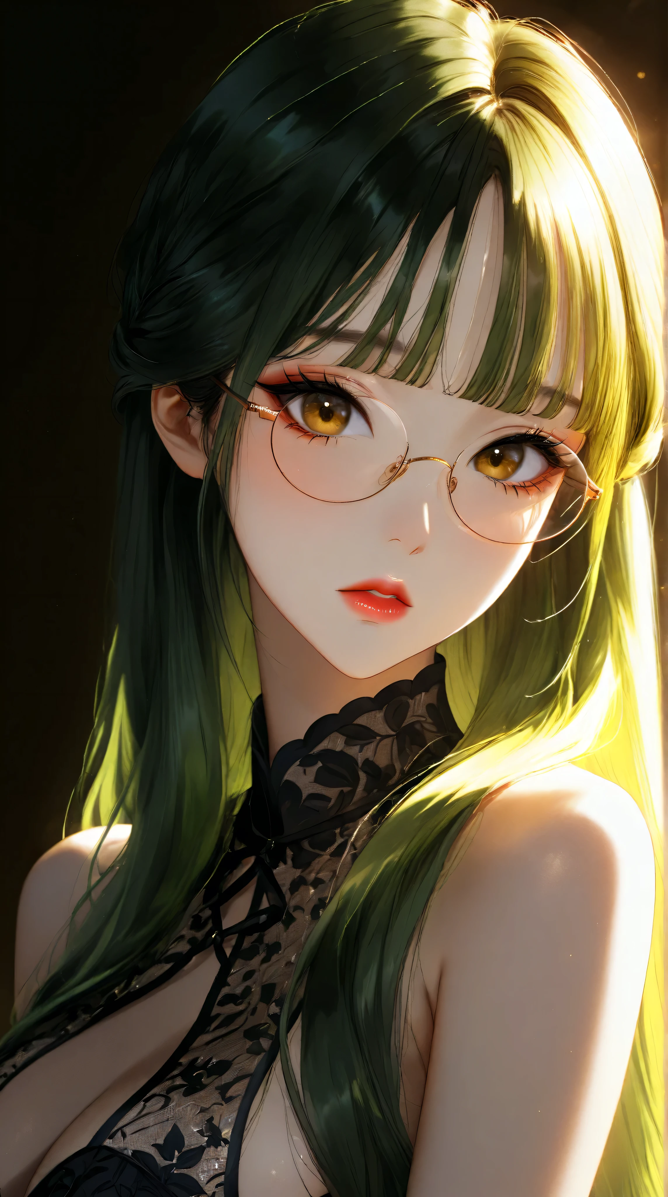 1girl, ((Zenin Maki)), elegant erotic beautiful girl, ((long green hair with pony tail and straight bangs)), detailed face portrait, (glasses), maxi dress, adultery, indecent, vulgar, (best quality,4k,8k,highres,masterpiece:1.2),ultra-detailed,(realistic,photorealistic,photo-realistic:1.37),intricate details, delicate facial features, beautiful amber eyes, ulzzang, long eyelashes, small nose, full lips, porcelain skin, natural lighting, warm color palette, chiaroscuro lighting, dramatic shadows, sensual, alluring, mature themes, artistic, dreamlike, ethereal, sideboob, cleavage, looking at viewer, ulzzang, (amber eyes), (close up face portrait),