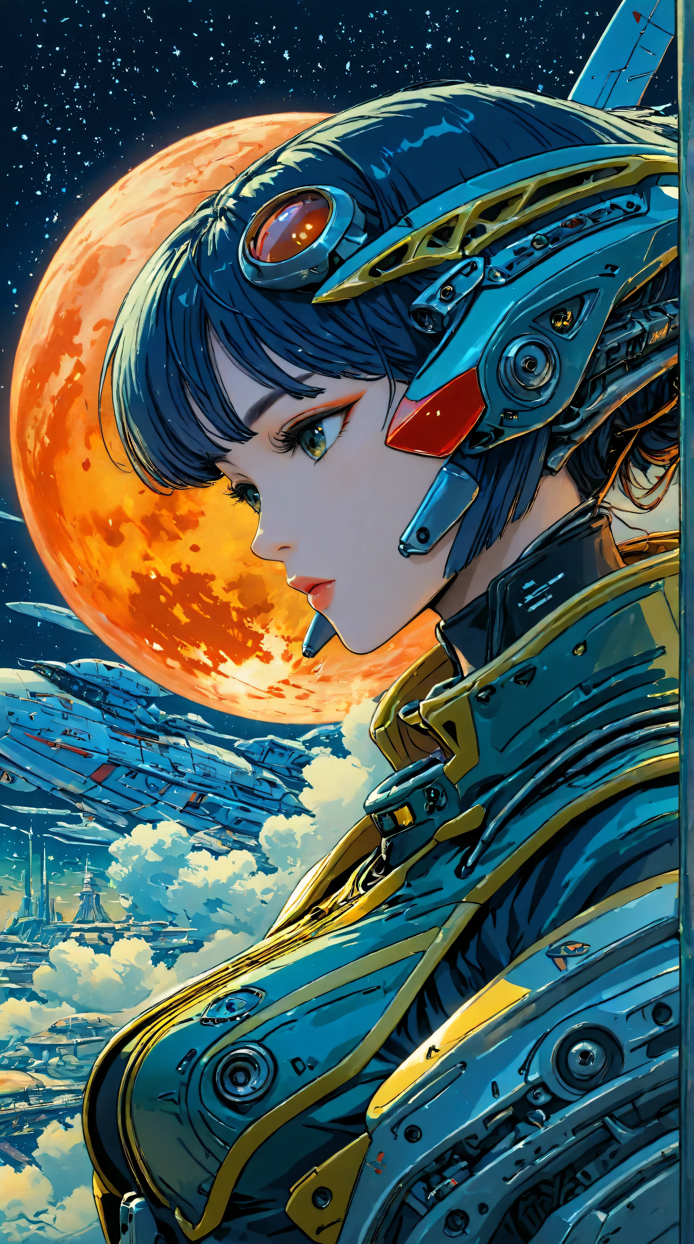 ((best quality)), ((masterpiece)), (detailed), perfect face of cyberpunk mecha japanese girl, surreal, art nouveau, in the illustrative style of moebius, spaceships, aliens, fantasy, sci-fi, graphic novel, line drawing, french retro,