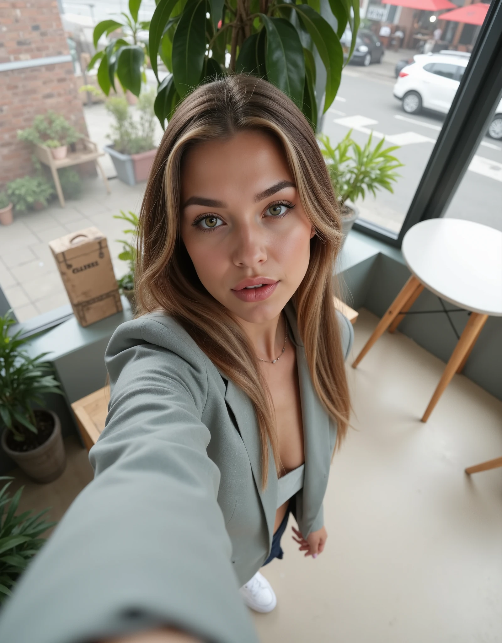 Eden, a 23-year-old influencer from Hamburg, tall and slender with long, dark blonde hair, takes a high-angle selfie in a trendy café. She is dressed in a stylish, modern outfit: a cropped designer blazer, high-waisted wide-leg jeans, and white sneakers. Her expression is confident yet effortless, with soft natural makeup and glossy lips. , looking directly into the camera. The background features a bright, airy café with minimalist Scandinavian decor, terrazzo tables, artisan coffee cups, lush green plants, and large windows allowing natural daylight to flood in. The atmosphere is chic, modern, and Instagram-worthy. Ultra-HD, sharp focus, bright natural lighting, stylish aesthetic, high-fashion streetwear, modern café ambiance, shot with iPhone 16 Pro Max.