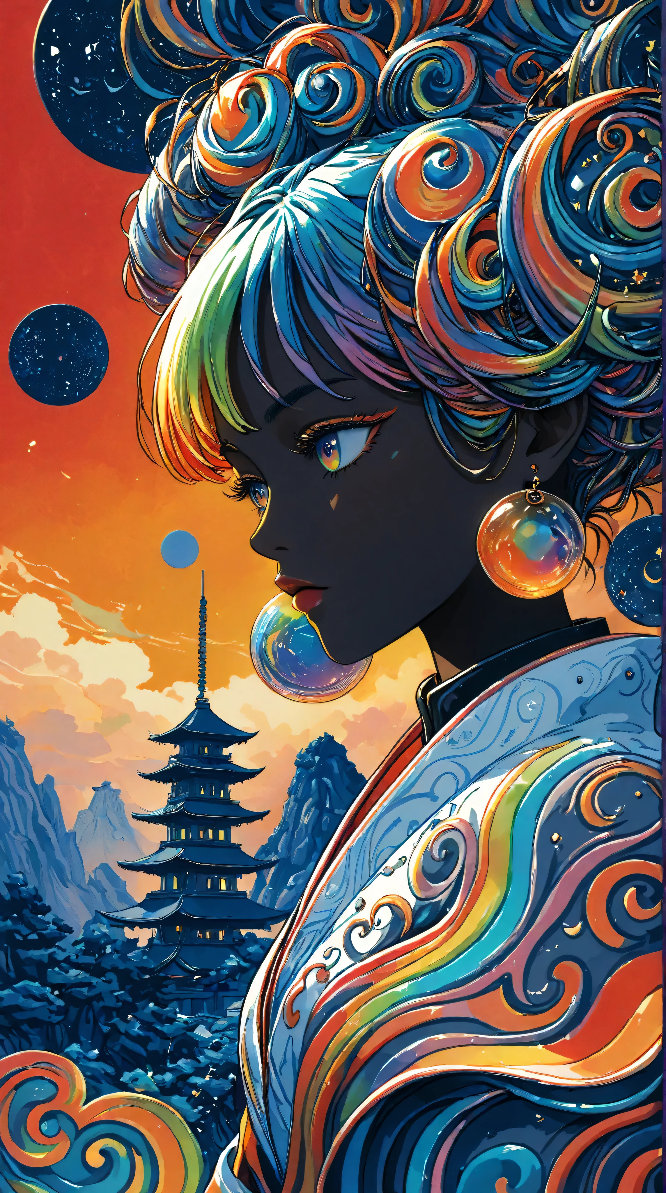 ((best quality)), ((masterpiece)), (detailed), perfect face of cyberpunk mecha japanese girl, neon rainbow eyes, metallic black body, rainbow hair, ((monochromatic neon rainbow color palette)), surreal, art nouveau, in the illustrative style of moebius, spaceships, aliens, fantasy, sci-fi, graphic novel, line drawing, french retro, bizarre, gallery worthy, work of uncanny art, illustrated by Guo Chao style, poster design, in the style of psychedelic color schemes, hyper-detailed illustrations, 16k, a painting of a pagoda in the evening, in the style of graphic design-inspired illustrations, circular shapes detailed botanical illustrations, light cyan and orange can't believe how beautiful this is, mythological influences, chinapunk high quality, Super detailed, Super exquisite, 8k, Paper-cut art,architecture,masterpiece,high quality,Super detailed,Super exquisite,8k,