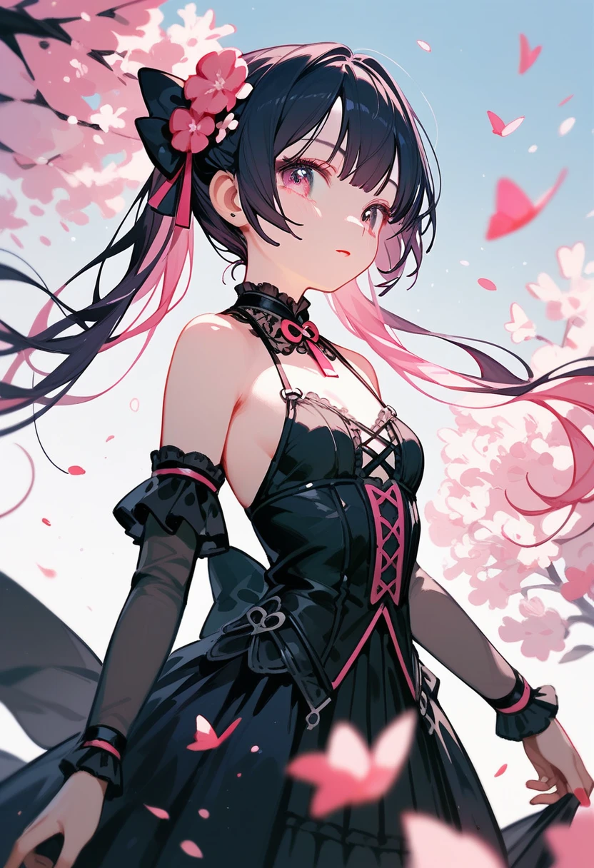 pink theme, masterpiece, magical girl, (impossible clothes:1.5), microskirt, gradient background, black hair, pigtails, blunt bangs, sidelocks, pink eyes, medium breasts, breasts, thigh gap, hair ornament, arched back, black_witch_hat,intricate_embellishments,Mystical_fountains, glowing_crystals, headshot