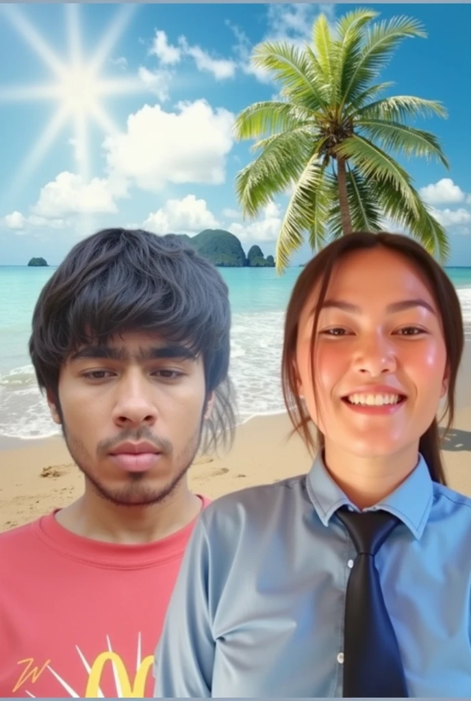 there are two people 20 year old indian boy and girl with sunglass standing on a beach with palm trees, beach trees in the background, palm trees in the background, at a tropical beach, on an island, with palm trees in the back, 😭 🤮 💕 🎀, with trees, 🤬 🤮 💕 🎀, in the beach, candid photography, in a beachfront environment, lovely couple, at a beach