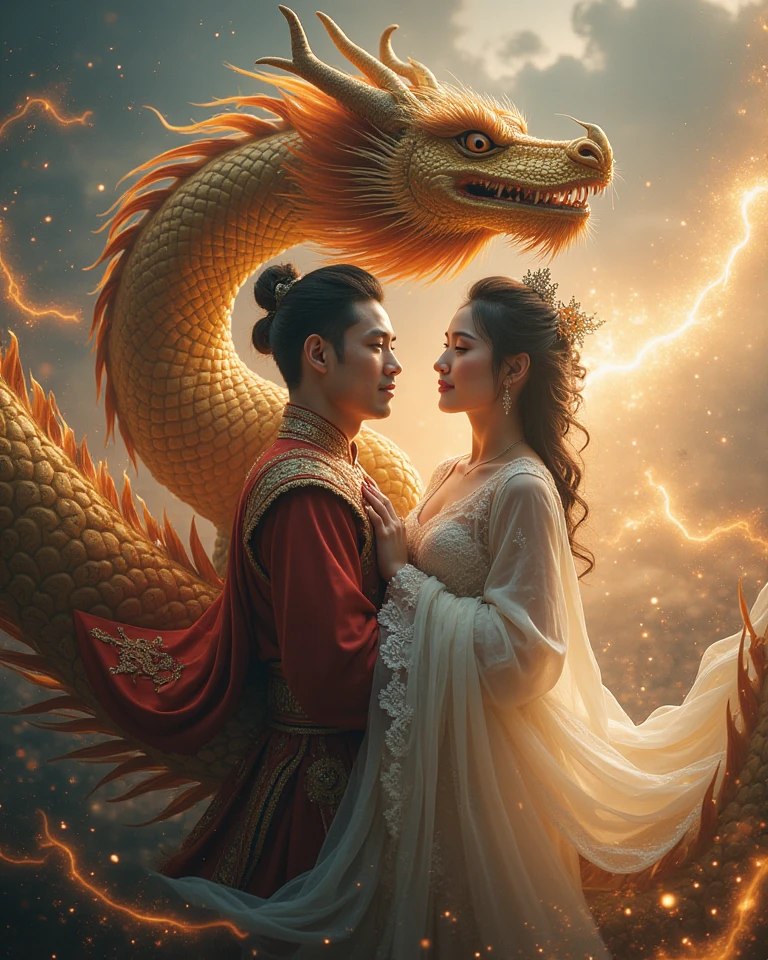(couple cuddling) rough man Zeus muscles naked, beauty, sexy, big breasts, cleavage, bare legs, see-through, arms open, standing, hanfu, wet, clear, realistic, highest detail, Chinese mythology, dragon pattern, phoenix, sacred, holy, mountains