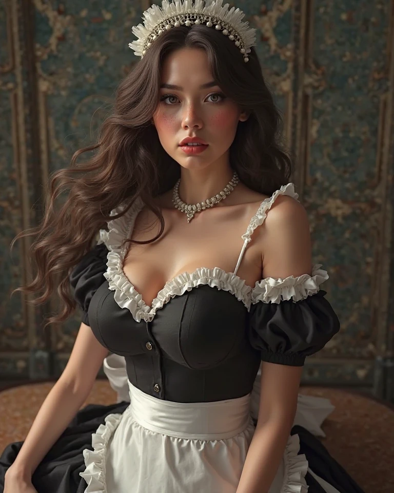 (masterpiece, best quality, superior quality, intricate details, beautiful), high quality, 8k, RAW, ultra details, extremely delicate and beautiful, real shadow, photorealistic, highly detailed portrait, 1girl, (dark skin), chubby body type with skinny waist, huge tits, large full breasts, dark-skinned glamorous african ebony girl, 18 year old prom queen, harem girl, concubine, flowers in hair, wearing lacey baroque victorian fantasy corset dress, puffy sleeves, buxom, sultry, vixen, (very intense makeup), wearing glam makeup, wearing false eyelashes, long eyelashes and mascara, ((very dark skin)), big eyes, lewd expression, sexy smile, pink lipstick,