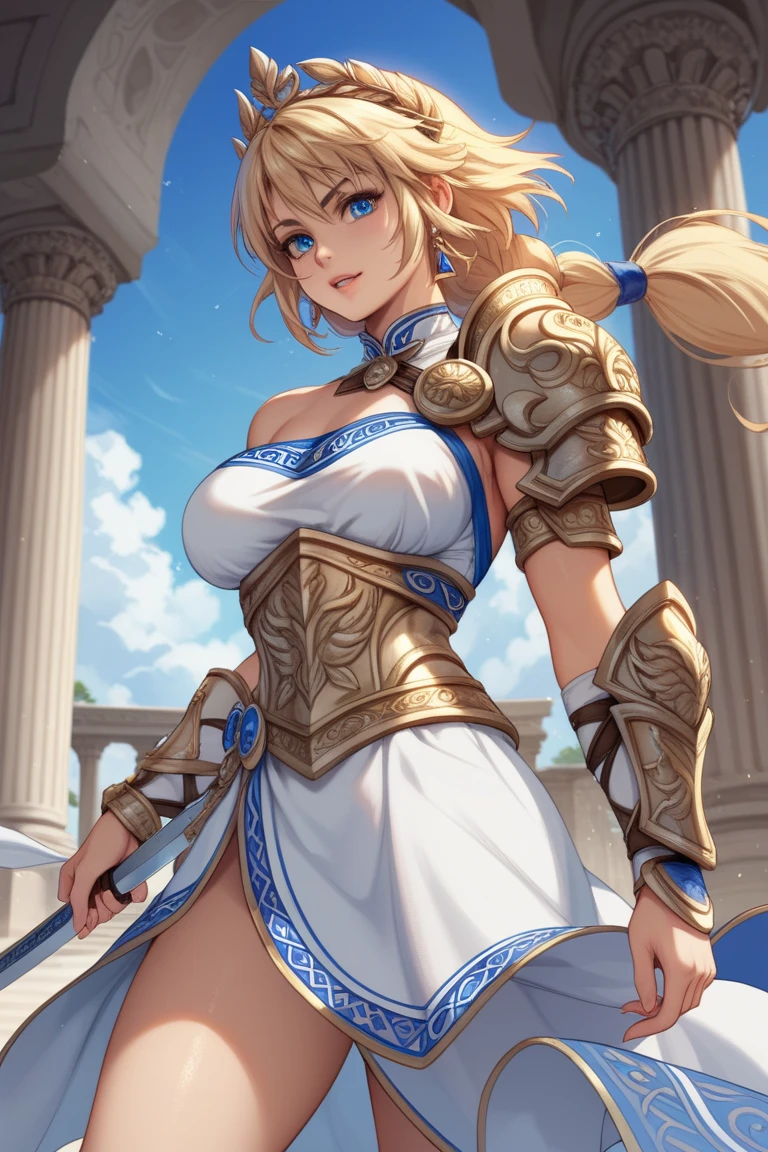 masterpiece,best quality,extreme detail,8k,<lora:sophitia:0.8>,sophitia2, 1girl, solo, long hair, breasts, blonde hair, large breasts, cleavage, weapon, braid, sword, armor, single braid, armored dress