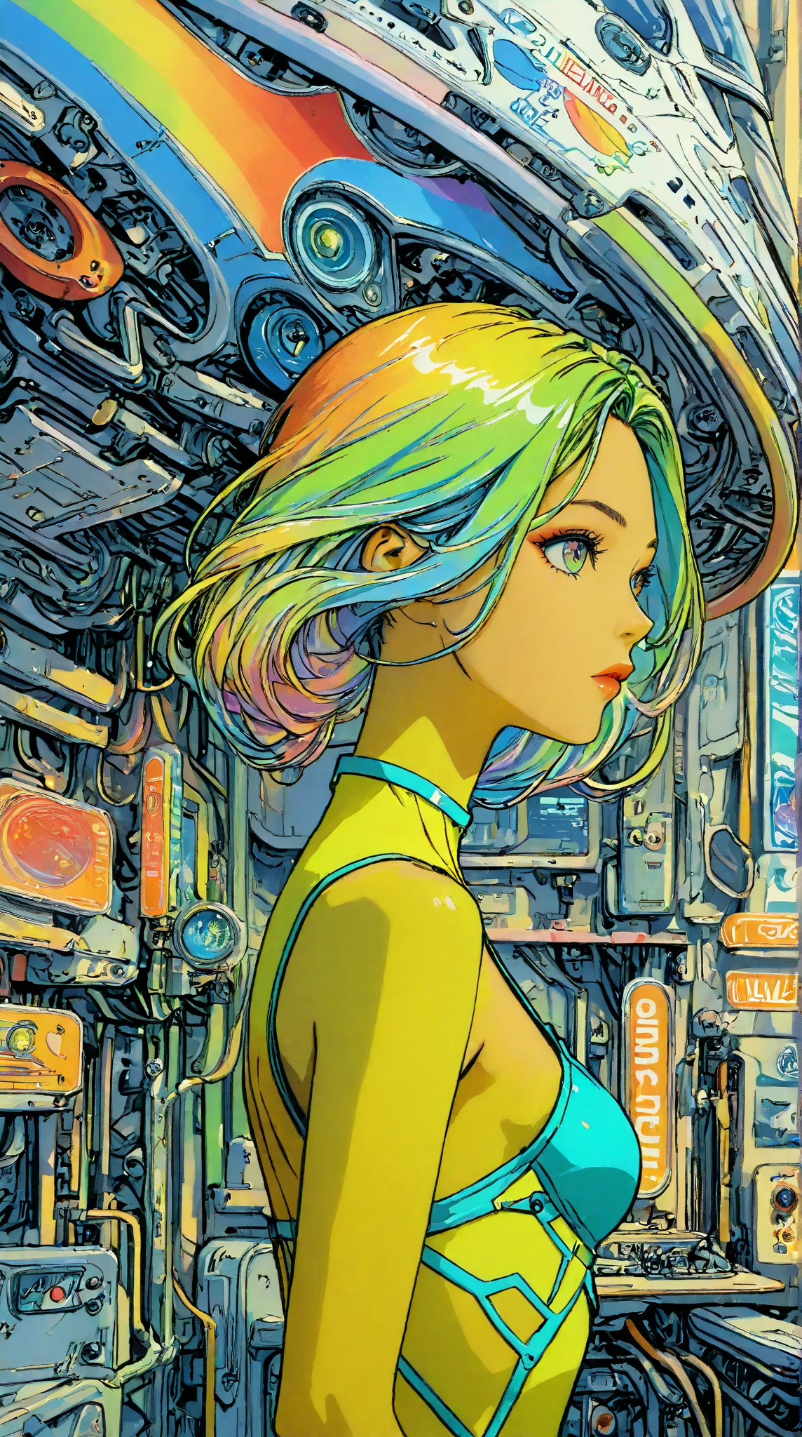 (elegant robotic) woman, (masterpiece), intricate details, retro, ((1999s anime)), ((best quality)), (bright colorful future city at night), (colorful cords) (radiant colorful) iridescent [holographic metal body], red antenna ear, iridescent metal, (diamond minimalistic) jewelry, (red lips), laser, thin, extremely detailed, covered, dynamic pose