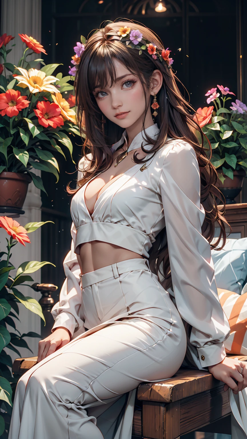24-year-old woman、Sexy proportions、Narrow waist、slender、Sexy、Lace fabric high neck top、Long sleeves（Covered to the fingertips）、Longer length、Low rise leggings、Touching your hair、Blooming flower garden background