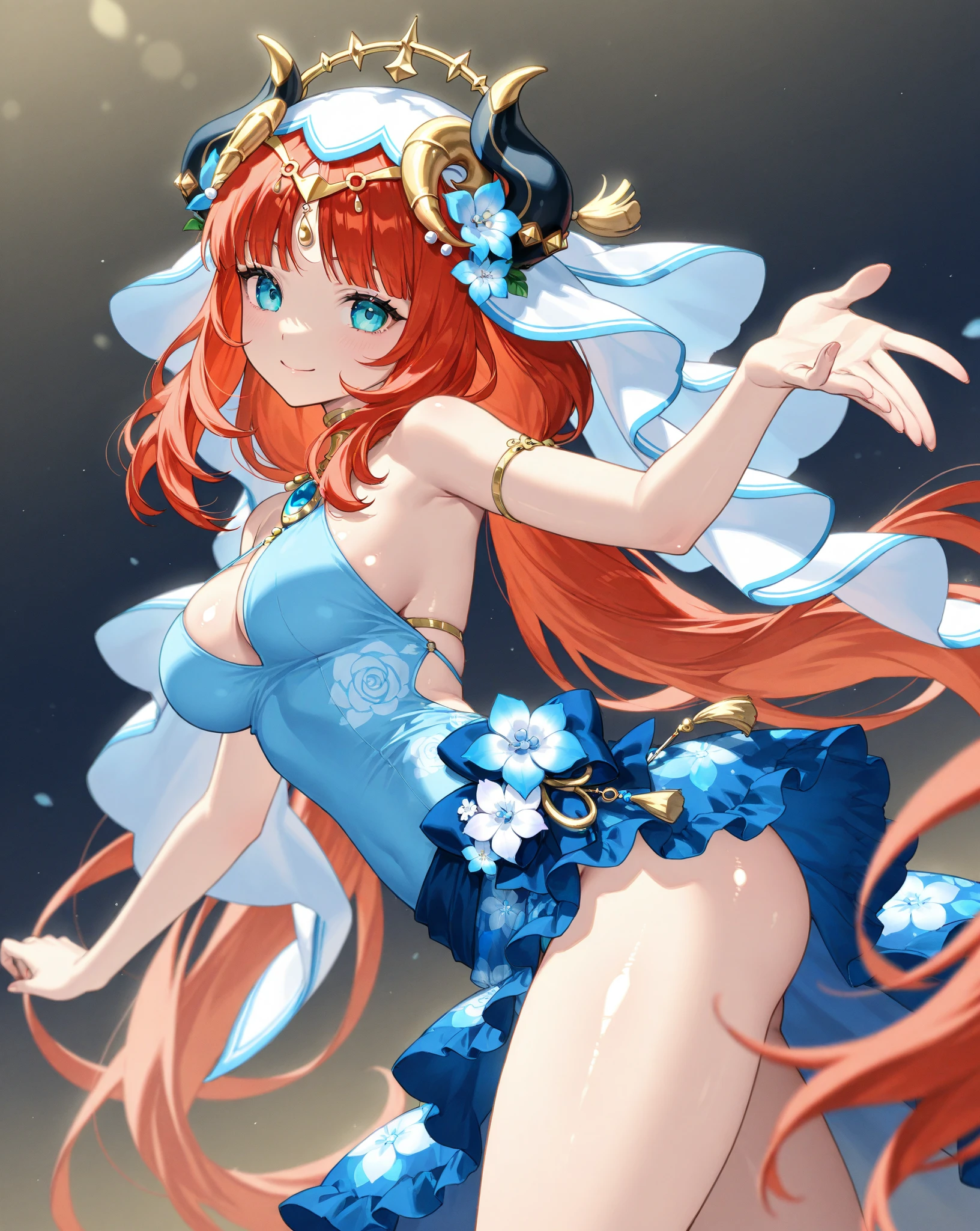  Genshin、 Nilou、best image quality、  best thighs、beautiful breasts、shiny skin、smile、Floral Skirt、flower hair ornament、blue dress、Five fingers、