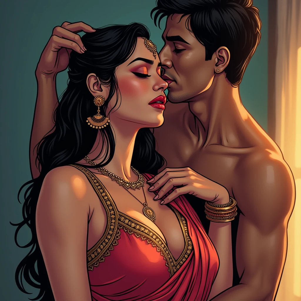 Young boy wearing jeans and sexy woman wearing a vibrant saree kissing and making out passionately near a window, natural lighting, sexy, hot, lustful