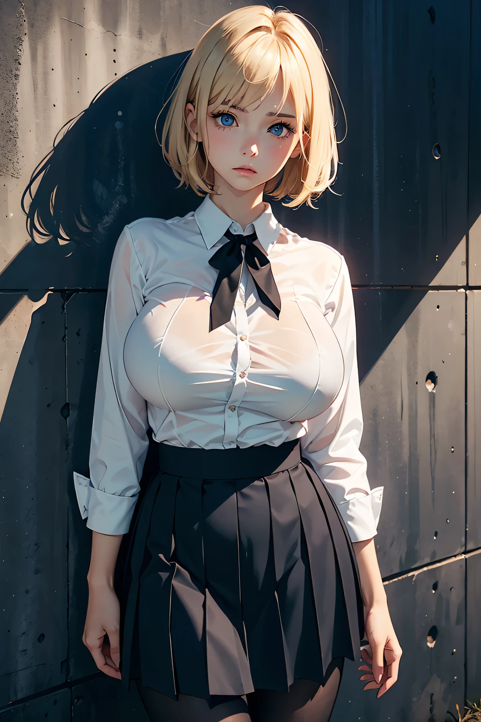 One 20-year-old woman、(masterpiece:1.4)、(top-quality:1.4)、(Real Face:1.1)、超A high resolution、high detailing、Beautiful facial features、Blonde Short Bob、耳环、Black bra、pleatedskirt、(huge-breasted:1.3)、Blushing、Embarrassed look、Stand against the wall