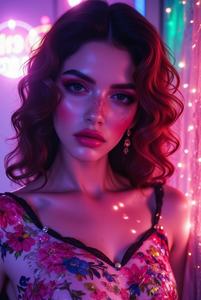 "bold 80s fashion portrait, neon colors, oversized silhouettes, heavy makeup, punk rock vibe"