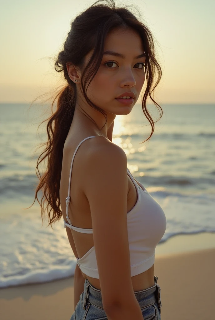 Draw a picture, (photorealistic:1.4), (hyperrealistic:1.4), (realistic:1.3), (smoother ((tropical sunset)) lighting:1.1), (increase Fujicolor quality:0.9), (absurd: 1.3), (best quality), ((ultra sharp)), RAW photo of (phenomenal model, 20 years old), (ultra detailed, hyper realistic, ultra realistic, 8K, ultra highres), realistic lighting, backlighting, light on face, ray trace, (brightening light:1.2), (Increase quality:1.4), (best quality real texture skin:1.4), velvety (tanned skin), (finely detailed eyes, finely detailed face, finely quality eyes), (Brown) [sparkling eyes], Double eyelids, ((looking at viewer)), slim, well-muscled body, (ass:1.20), very detailed hair, ((light black (braided ponytail, hair slicked to the two side), extremely detailed)) (wind in your hair), ((fantasy style)), (Increase skin texture beauty:1.1), (light makeup [[pink lipstick]], eyeliner:1.3), BRAKE (summer, tropical beach, ocean, palm tree, big rock, extreme sexy and without clothes, provocative styling: 1.5), small diamond earrings, a gold pendant above her full breasts:1.43, (leaning heavily forward with her butt sticking out (sits on a large stone in the water, push through, ocean in the background)), ((close-up butt:1.54)), ((((turn back, back shot))), face of smiling Miranda Kerr at the age of 22