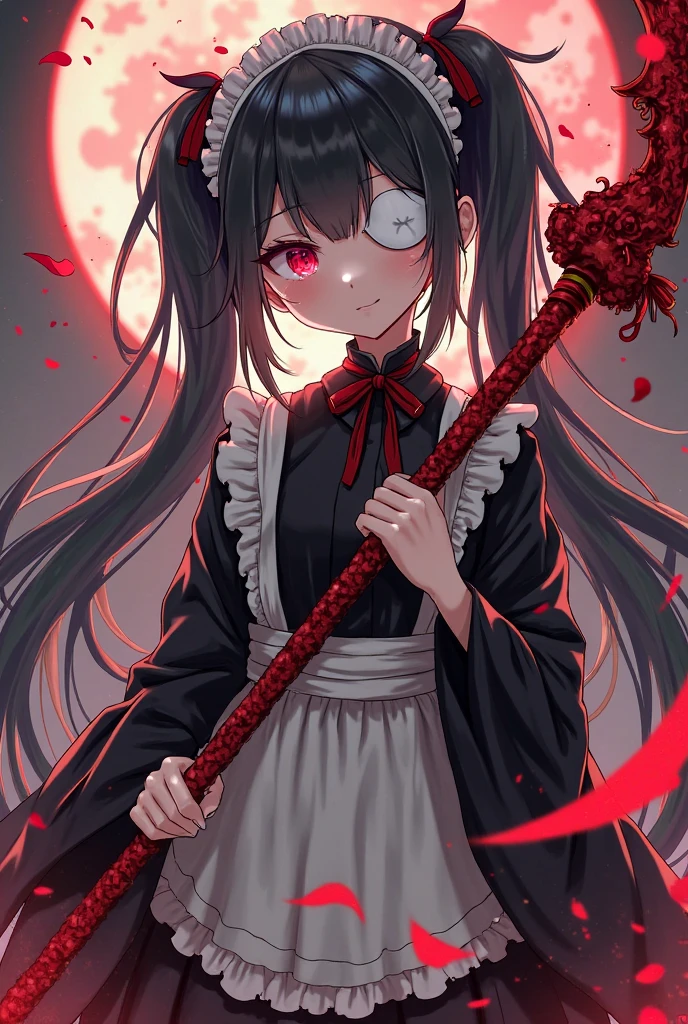 A girl with black hair which reaches the floor and beautiful face with blood red eyes and in maid dress