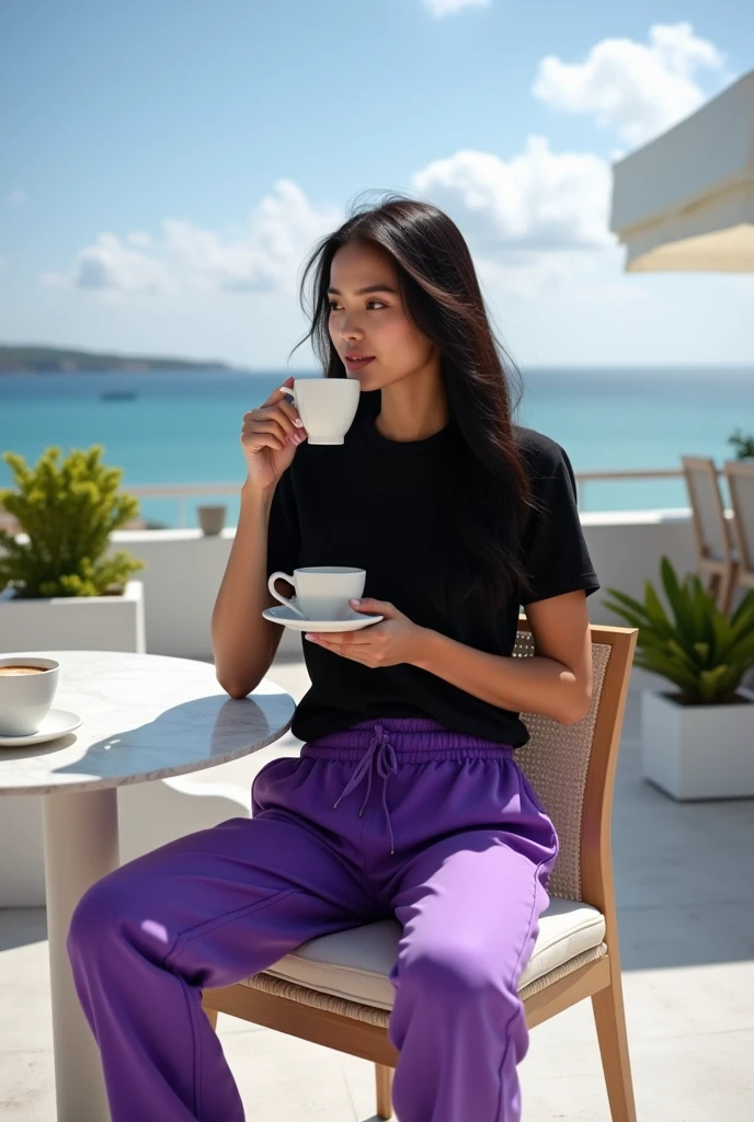 "A breathtakingly beautiful young woman with a slim, fit physique, long flowing black hair, and striking European features, sitting gracefully on a luxurious, modern chair at an elegant outdoor café table near the sea. She has a radiant, flawless complexion and an elegant, yet effortlessly casual aura. She holds a cup of coffee, sipping it slowly while gazing into the distance with a serene and confident expression.
She is dressed in a sleek and stylish outfit, consisting of a plain black oversized T-shirt, worn untucked over her pants. The T-shirt has a classic round neckline, short sleeves, and no prints, logos, or patterns. The fit is relaxed, allowing it to drape naturally over her waist, providing comfort and effortless style.
She pairs it with vibrant purple slim-fit jogger pants, made of soft, medium-weight knit fabric with a slight stretch, resembling high-quality cotton or jersey material. The trousers have a straight, slightly tapered cut, fitting closely to her legs without being too tight, and end just above the ankles. The fabric is smooth and matte, draping elegantly while maintaining a sporty, tailored appearance. The pants feature a simple elastic waistband with a drawstring, ensuring a clean and stylish look.
She completes the look with white athletic sneakers, adding a fresh and modern contrast to the dark top and vibrant bottoms. The setting is a high-end seaside café, with a beautifully designed outdoor terrace overlooking the ocean. The café table is elegant, with a minimalist yet sophisticated design, possibly featuring a marble or polished wood surface. The background consists of white modern architecture, lush green potted plants, and a panoramic view of the ocean under a clear blue sky with soft white clouds. The atmosphere is relaxing, luxurious, and perfect for enjoying a stylish moment by the coast."