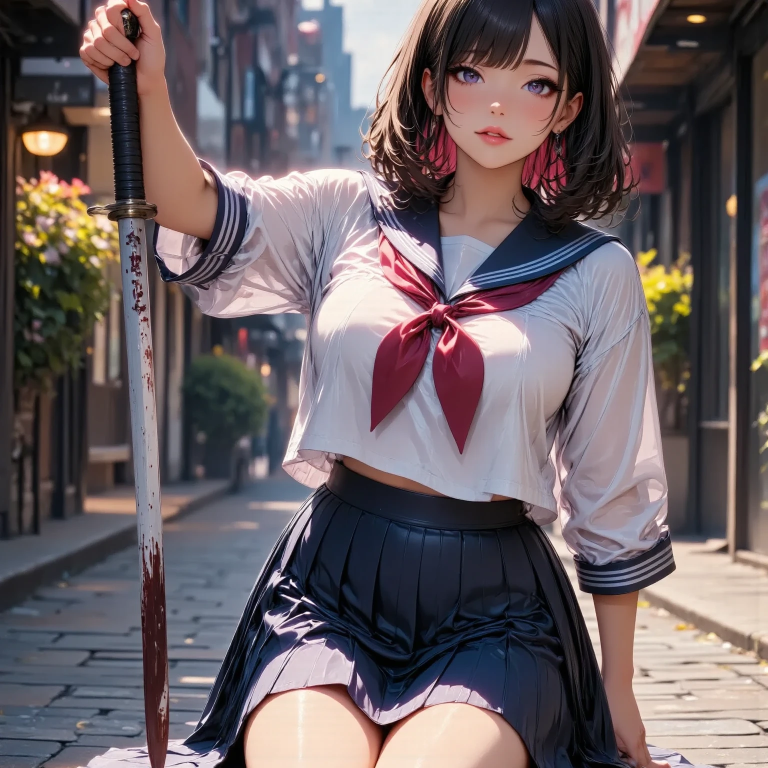{((1 woman))}, {((wearing school suit with red skewer with tie, short black skirt, white stockings)), ((extremely large breasts)), ((very short black hair, blue eyes)) looking at the viewer, smiling, very happy, ((exhibitionist pose leaning back)), ((in an ancient Japanese ghost town, ghosts shadowing it, ghosts flying, night, just a full moon in the sky))}, (Fatal Frame Crimson Butterfly), ((full body, standing):1.5), 16k, best quality, best resolution, best sharpness, ultra detailed,