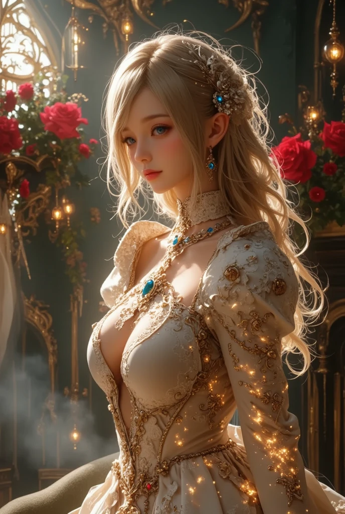 Best quality, masterpiece, big boobs, (large breasts), detailed skin texture, detailed cloth texture, detailed face, super detail, 8k, intricate detail, 1girl, blonde hair, pretty lips