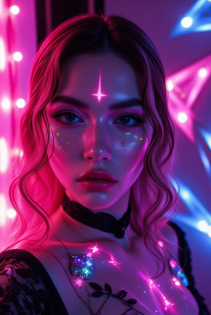Fine art photograph of a blonde curvy girl (very busty, very pale skin(porcelain skin), in a dark forest, the blonde woman dressed in lack attire, stands amidst of ancient tree(their branches reaching, towards the sky). Her hands are holding(and touching)the glowing(Strong Neon-lights)-heart of the forest. Strong neon-lights illuminates her face(highlighting her pink-eyes. and bold pink-lips(heart-shaping lips)). Smirk face-expression. A subtle haze and a soft focus in the background. (((the image is in (Glowing Neon-lights colors, accent in black)colors theme)))