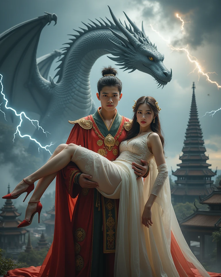 (couple cuddling) rough man Zeus muscles naked, beauty, sexy, big breasts, cleavage, bare legs, see-through, arms open, standing, hanfu, wet, clear, realistic, highest detail, Chinese mythology, dragon pattern, phoenix, sacred, holy, mountains