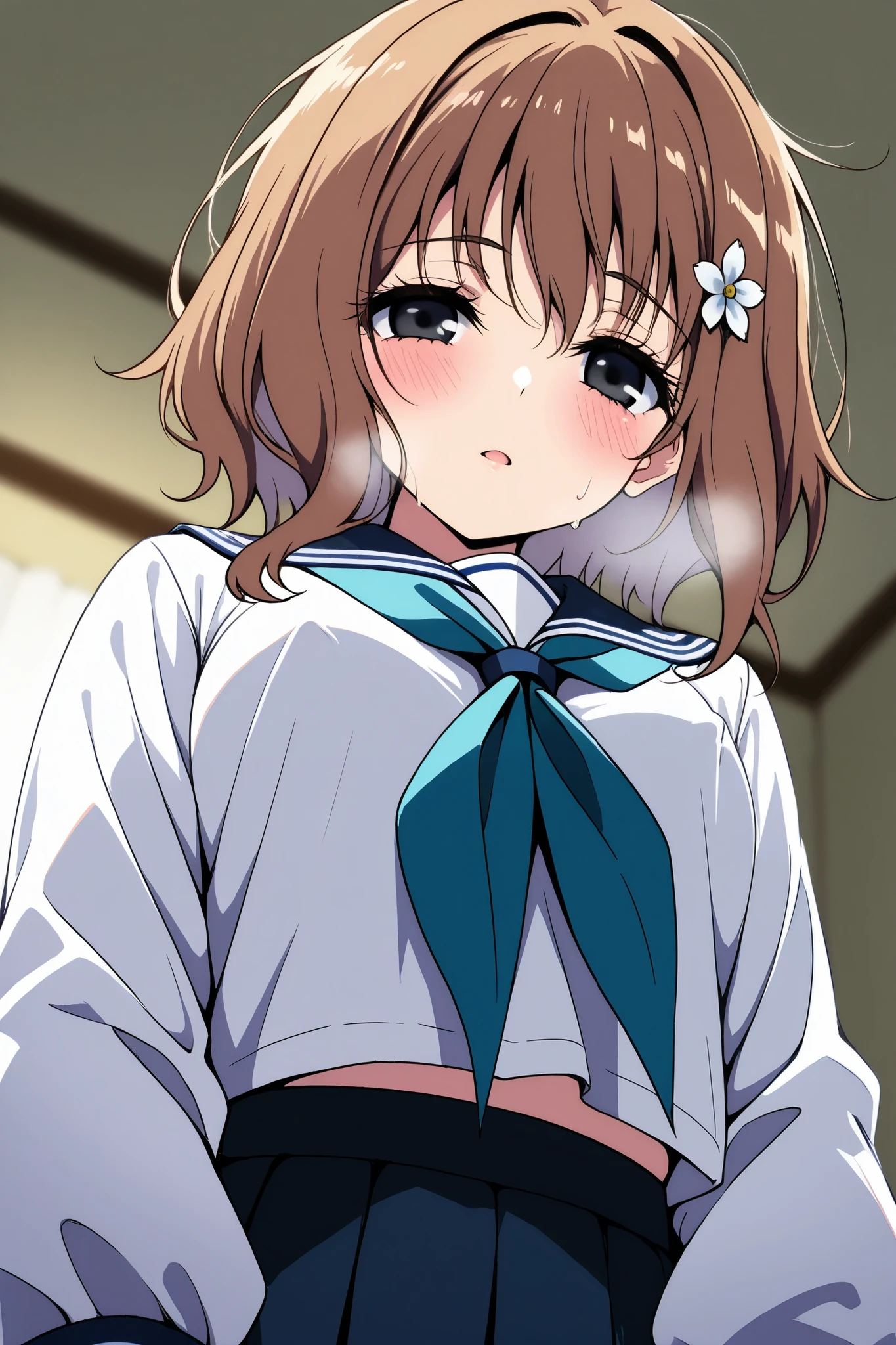 reia_kosu,1 female,solo,pretty,
ohana_matsumae,
short hair,brown hair,hair ornament,
flower,hair flower,stupid hair,long hair,
colored inner hair,
black eyes,big eyes,slant eyes,sleepy eyes,
long eyelashes,
extreme close-up under the chest,
low angle,
midium breast,nipple,
looking at viewer,dutch angle,
blush,sweat,white breath,
Incontinence,ecstasy,orgasm,climax,
feeling sexual pleasure,intense breathing,
sailor clothes (1.3),school uniform,
neckerchief,blue neckerchief,long sleeves,
white gloves,
perfect face,beautiful skin,
anatomically correct,
masterpiece,highest quality,
high resolution,high definition,
ultra-detailed,anime,blurred background,
indoors,on bed,bed room