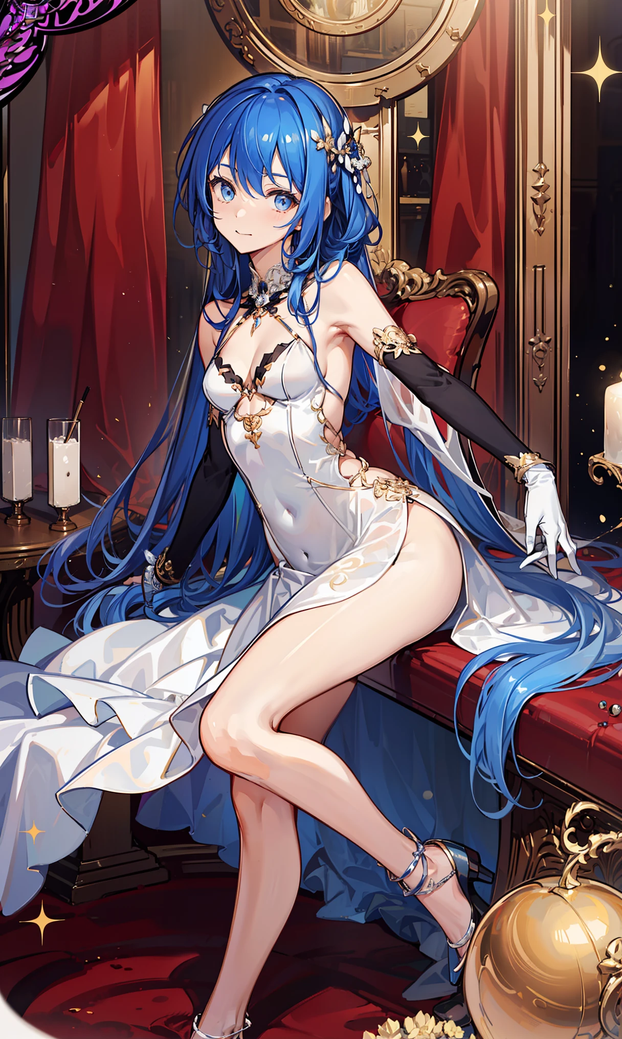 Young and beautiful woman,(Highest quality,Extremely detailed depiction,Incredible high resolution,Anatomically accurate depiction,Two beautiful hands, Five perfect fingers,Curvy Legs),(Glowing Skin),(astrologer),Celestial globe,Veil,Purple eyes,There is cleavage in the chest,Captivating smile,Large Breasts,Glossy Lips,Shadowed face,With arms outstretched,Sweat,whole body,background:A room depicting space,Mysterious atmosphere