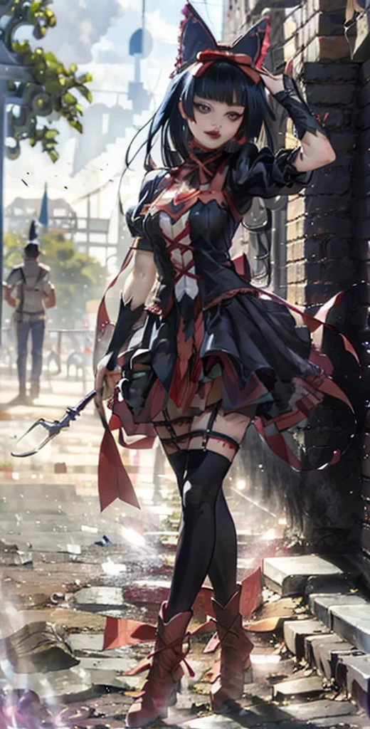 Rory Mercury,high resolution, Best quality, HD model, High detail, high quality, full frame, full length , full height, Gothic style in the center, black hair, straight hair, Breasts, makeup, scarlet lips, Park, walking in the park , posing in the park