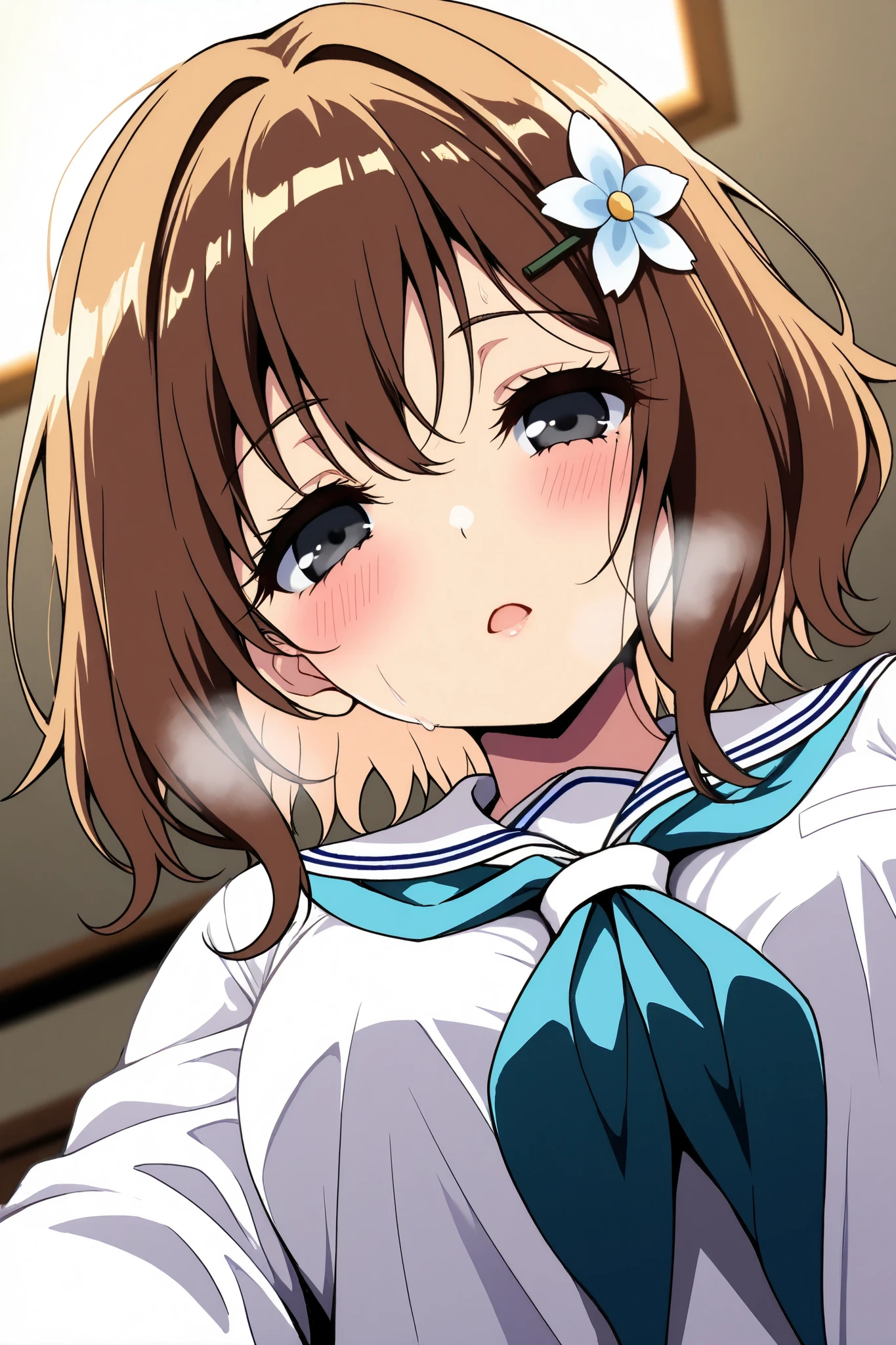 reia_kosu,1 female,solo,pretty,
ohana_matsumae,
short hair,brown hair,hair ornament,
flower,hair flower,stupid hair,long hair,
colored inner hair,
black eyes,big eyes,slant eyes,sleepy eyes,
long eyelashes,
extreme close-up under the chest,
low angle,
midium breast,nipple,
looking at viewer,dutch angle,
blush,sweat,white breath,
Incontinence,ecstasy,orgasm,climax,
feeling sexual pleasure,intense breathing,
sailor clothes (1.3),school uniform,
neckerchief,blue neckerchief,long sleeves,
white gloves,
perfect face,beautiful skin,
anatomically correct,
masterpiece,highest quality,
high resolution,high definition,
ultra-detailed,anime,blurred background,
indoors,on bed,bed room