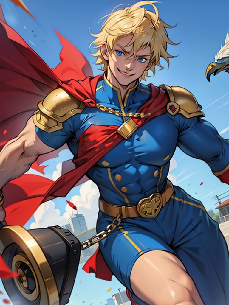 <lora:pokemonanimeV2:0.85> pokemonstyle,, absurdres, ultra detailed, masterpiece, best quality, aesthetic, detailed,, solo, smile, 1boy, blue eyes, medium blonde hair, parted bangs, hair intakes, male focus, muscular male,, armor, pauldrons, cuirass, gauntlets, waist cape, greaves, black bodysuit, surcoat, shoulder sash, wing shoulder armor, cape, pants,