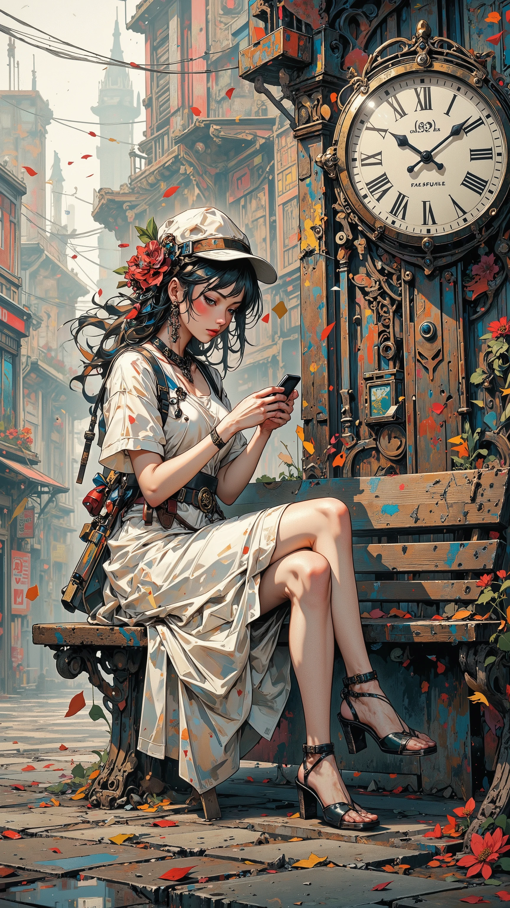 A high-resolution digital painting of a **pretty female** sitting gracefully on a **street bench**, dressed in a **delicate, elegant dress** that flows softly around her. She gazes at her **watch with quiet anticipation**, waiting for someone. A **large wall clock** looms nearby, reinforcing the passage of time. Her expression conveys a mix of **hope and loneliness**, reflecting the emotions of waiting. The background is adorned with **gentle flowers and drifting leaves**, adding a poetic, melancholic atmosphere. The composition balances **soft beauty, emotion, and storytelling**, making it ideal for **romantic or introspective themes**.