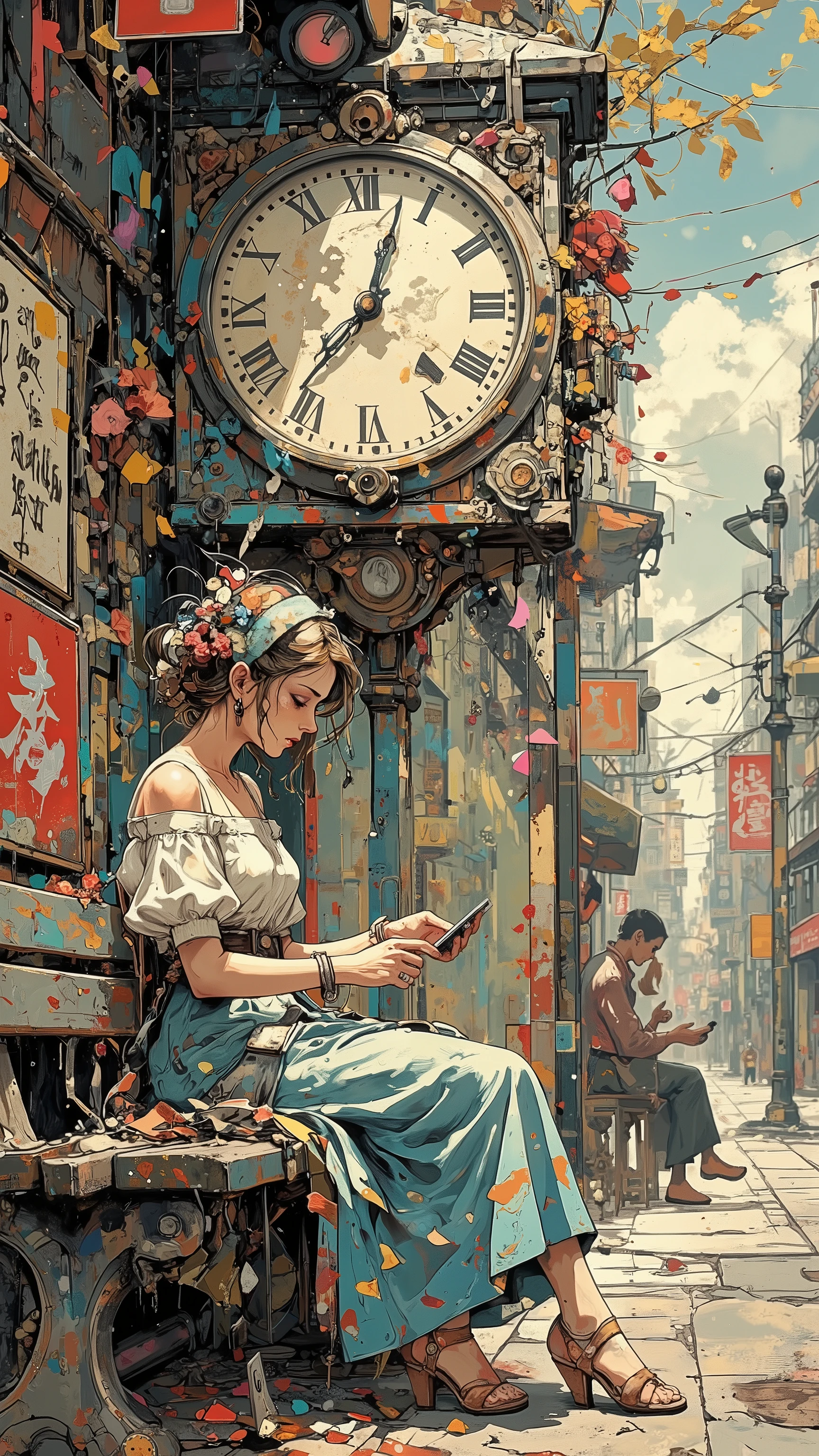 A high-resolution digital painting of a **pretty female** sitting gracefully on a **street bench**, dressed in a **delicate, elegant dress** that flows softly around her. She gazes at her **watch with quiet anticipation**, waiting for someone. A **large wall clock** looms nearby, reinforcing the passage of time. Her expression conveys a mix of **hope and loneliness**, reflecting the emotions of waiting. The background is adorned with **gentle flowers and drifting leaves**, adding a poetic, melancholic atmosphere. The composition balances **soft beauty, emotion, and storytelling**, making it ideal for **romantic or introspective themes**.