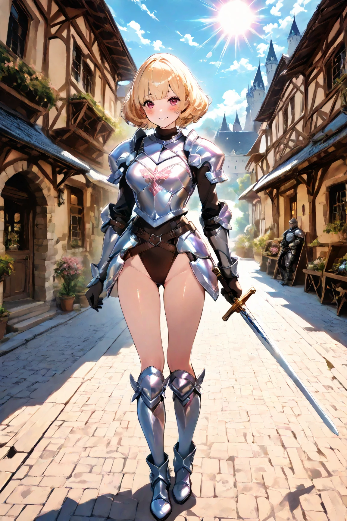 ((best quality, masterpiece)),
1girl, black metal and gold and necromancer  leotard armor, white messy hair, sword,  outdoor,  clouds on background,fantasy, medieval, castle on background, <lora:more_details:0.5>