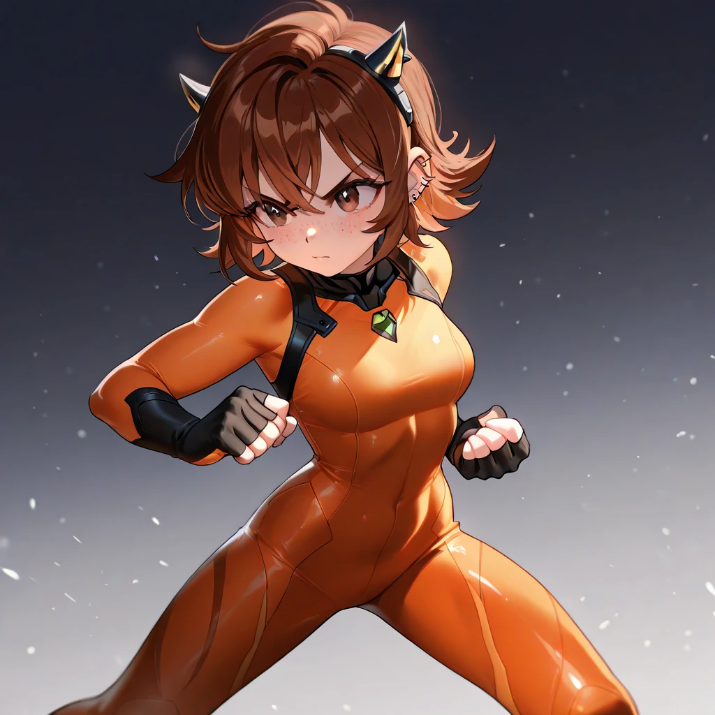 1girl, serious, thick tighs, dark-green eyes, spiky white horns, fishnet socks, brown leotard, skin-tight brown leotard, long sleeves, slick brown hair, straight short hair, deep jungle, masterpiece quality, ultra HD, 4K, best quality,