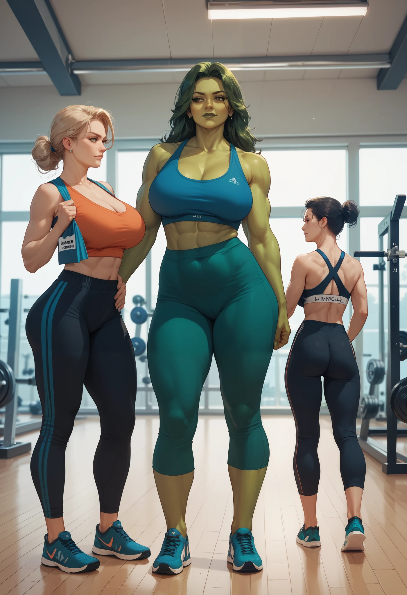 8k full body of powerpuff girls(white skin:1.1), 3 girls, blossom, buttercup, bubbles, 1boy, athletic green skin man, (standing:1.2), [green:man:10,20], (large pectorials:1.2), (blackblue hair:1.4), center, masculine male face, green man stands in Front of the power puff girls, ((digital world details)), woman’s face near man’s crotch, blonde female, redhead female, black hair female, (short hair:1.6), (large breasts:1.3), (squats:1.1) woman squats seductive, squats in front of man, watches man, ((back view)), beautiful woman background, girls wears skirts, villain man wears supervillain armor, highly detailed, people watching the couple in the background, majestic, digital art, art by artgerm and ruan jia and greg rutkowski, (masterpiece, sidelighting, finely detailed beautiful eyes: 1.2)