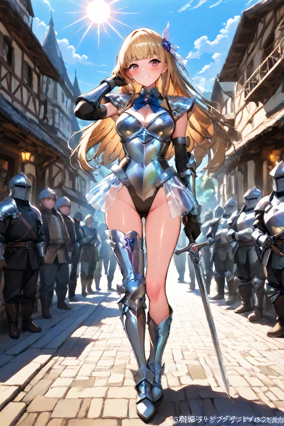 best quality, official art, masterpiece, textile shading, HDR, very detailed, colorful, best details, fantasy, battle suit,1 female, 25 years old, best quality, official art, masterpiece, textile shading, HDR, very detailed, colorful, best details, fantasy, battle suit,1 female, 25 years old, standing on stairs,A castle town with an old castle view, sunny,choppy hair, big breast, skinny,Surrounded by a large crowd:1.9、Confetti flutters、Blessed、Being welcomed:1.5、cameltoe:1.3, looking back, ground level shot:1.9,squatting, open legs,