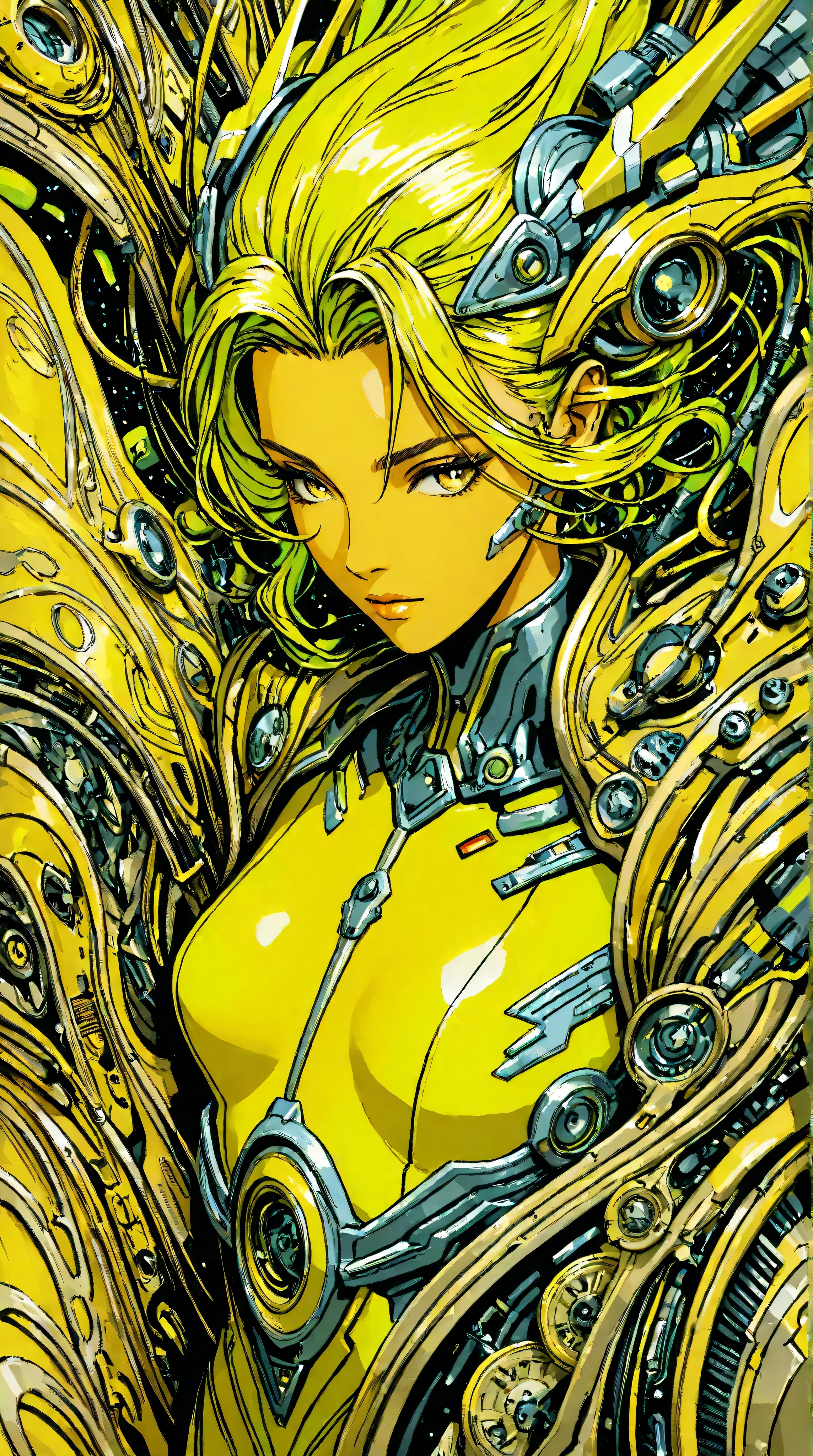 ((best quality)), ((masterpiece)), (detailed), perfect face of cyberpunk mecha japanese girl, neon yellow eyes, neon yellow body, neon yellow hair, ((monochromatic neon yellow color palette)), surreal, art nouveau, in the illustrative style of moebius, spaceships, aliens, fantasy, sci-fi, graphic novel, line drawing, french retro, bizarre, gallery worthy, work of uncanny art,