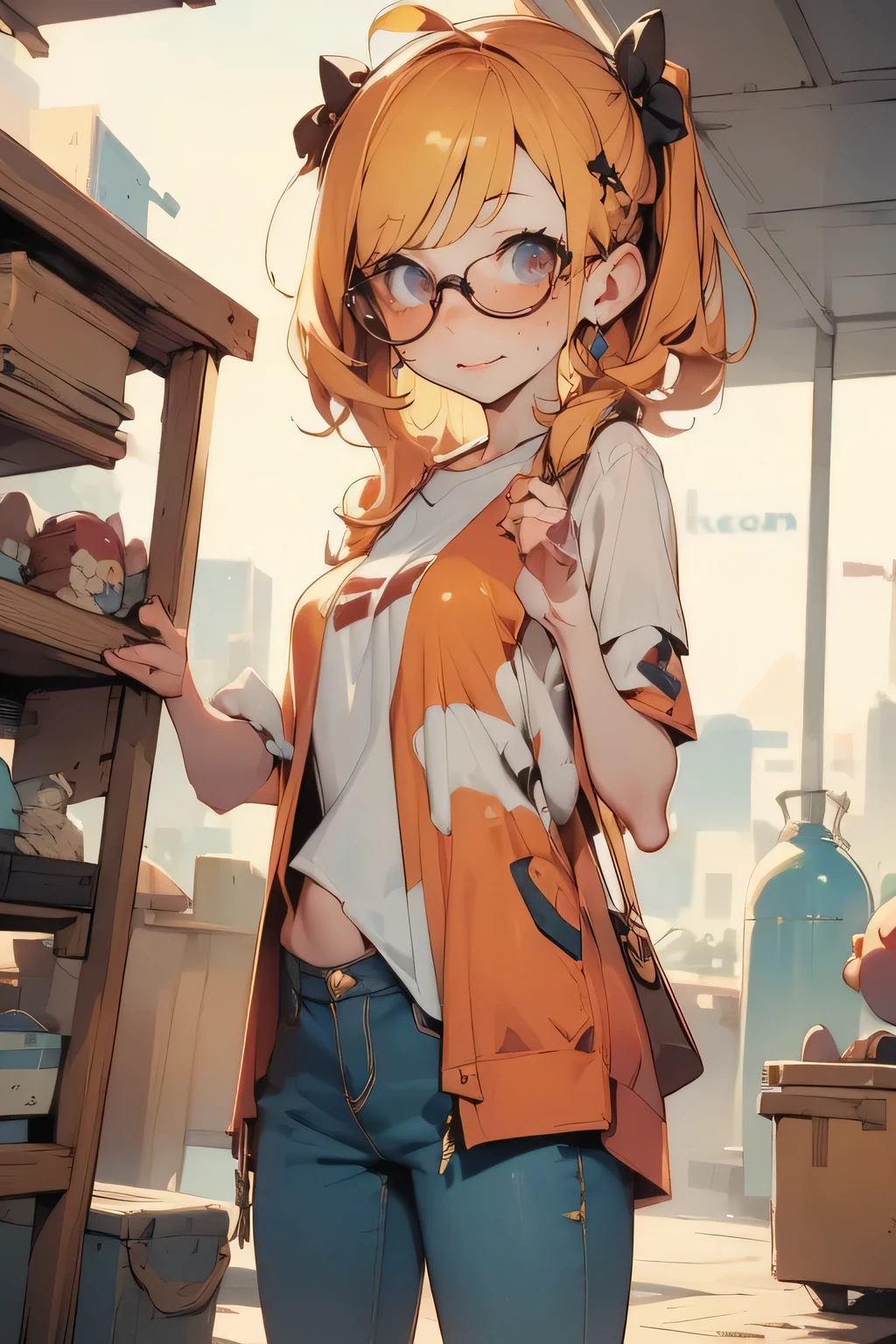 {{masterpiece, Highest quality, High-definition CG, Unity 8K Wallpaper , Movie Lighting}}, ,young woman wearing foggy glasses,charming smile,short bob hair cute freckles , Draw only , cowboy shooting , t-shirt,