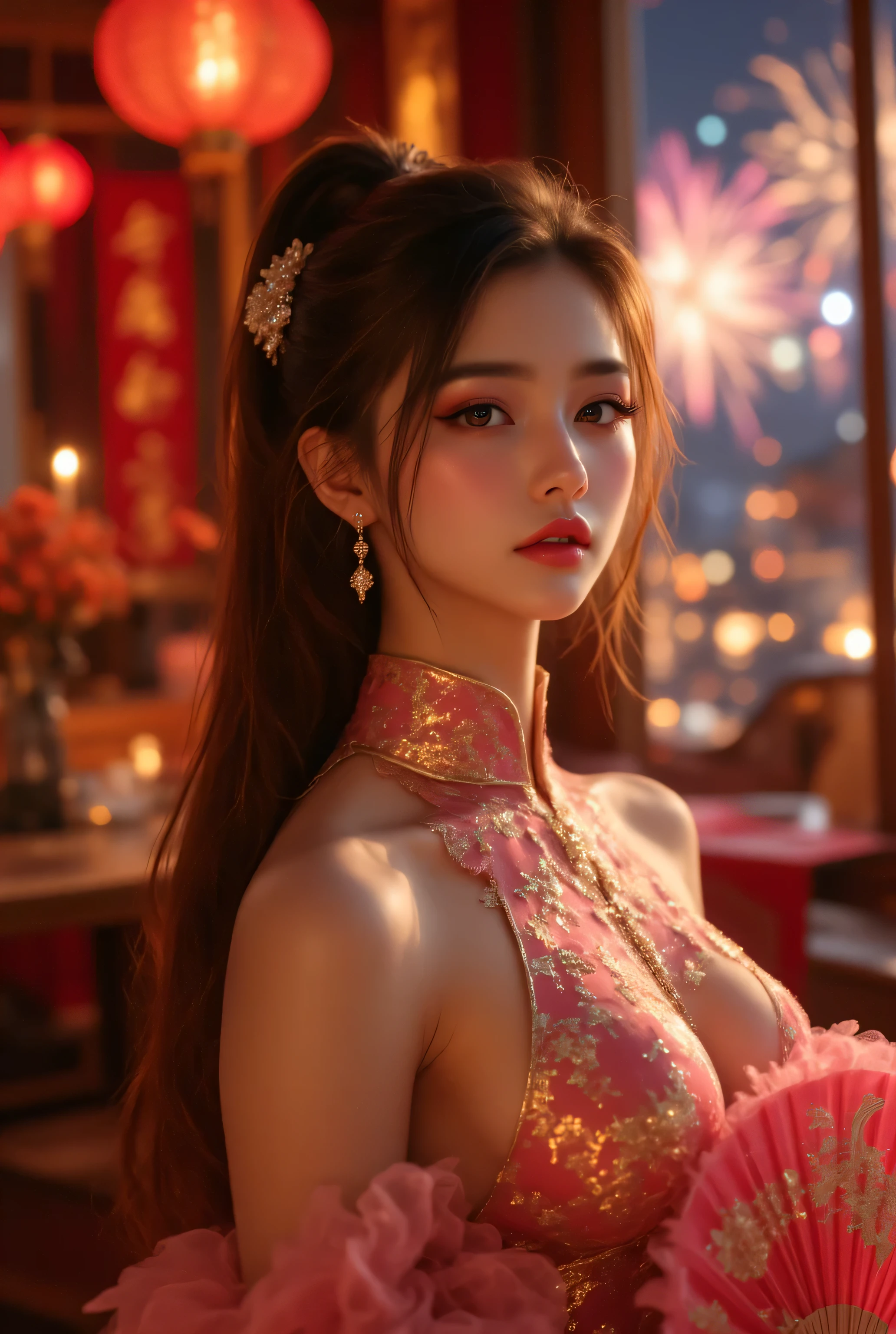 Cat ears、 fßace up, attractive, pretty girl, ponytail、 (( fine facial features , eroticism)), dramatic lighting , realistic , 8k, Dramatic Shadows , intricate and elaborate patterns , super detailed photo , chiaroscuro lighting , Pleasant colors , deep contrast , super real 、 pink lipstick、 pretty earrings, pretty necklace, pretty hairpin, warm room、Vintage Fireplace 、 cinematic composition、Close-up of face, shining jewelry, pretty half part transparent open shoulder loose outfits dress, tang style, A beautiful Korean idol wearing a short colourful tightly cheongsam with phoenix and intricate floral golden embroidery, golden and silver outline on dress, hand with pink feathers paper fan and paper fan have golden ink drawing on it, standing gracefully in a room filled with traditional Chinese New Year decorations. The room features vibrant red lanterns, decorative calligraphy scrolls, a small Chinese orange tree with golden ornaments, and several red envelopes scattered across the floor and hanging from the tree. Adorable, playful cats are part of the scene—some sitting near the tree, others curiously pawing at the red envelopes or lounging around. Through a window or an open door in the background, vibrant Chinese fireworks light up the night sky in an array of reds, golds, and blues, casting a magical glow into the room. The idol’s outfit is paired with subtle accessories like red hairpins or earrings, complementing the festive look. The atmosphere is warm and lively, filled with the joyful essence of the celebration, enhanced by the shimmering lights of the fireworks and the lively decor.