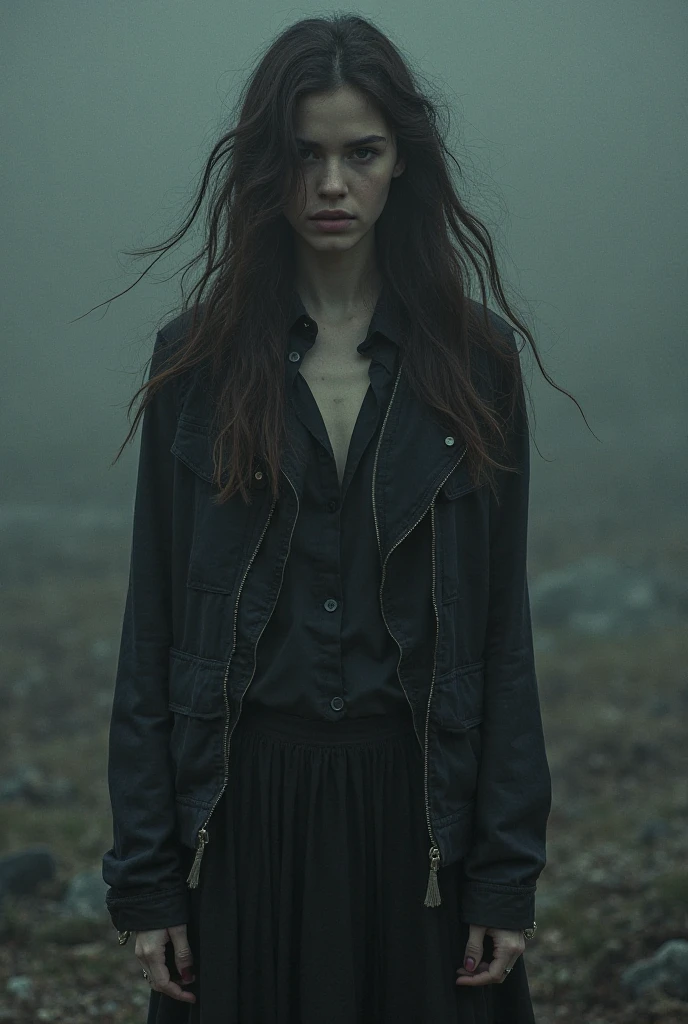 dystopian style analog film photo,
a beautiful woman, long hair,
faded film, desaturated, 35mm photo, grainy, vignette, vintage, Kodachrome, Lomography, stained, highly detailed, found footage, bleak, post-apocalyptic, somber, dramatic, highly detailed