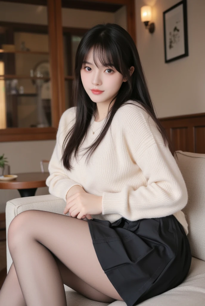 best quality, 32k, RAW photo, incredibly absurdres, extremely detailed, delicate texture, cute woman, (fluffy, flowing layered, side curling blow, bangs, glossy medium hair), wearing fluffy long-pile knit sweater, fluffy skirt, skirt lift, pantyhose, fluffy long boots, amorous and lewd expression, superlative body proportion, background iridescent pastel color