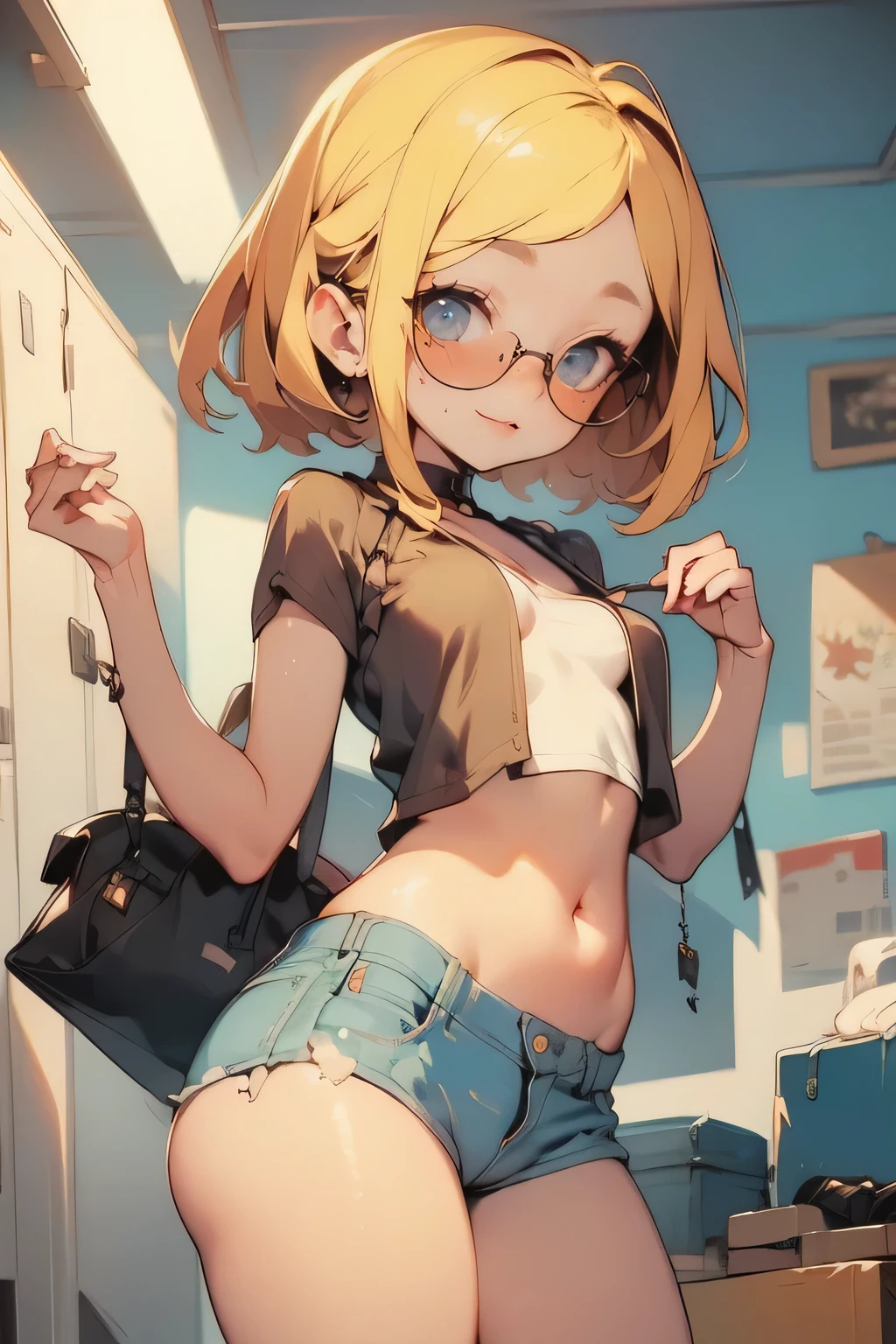 {{masterpiece, Highest quality, High-definition CG, Unity 8K Wallpaper , Movie Lighting}}, ,young woman wearing foggy glasses,charming smile,short bob hair cute freckles , Draw only , cowboy shooting , t-shirt, low rise denim pants , random pose,