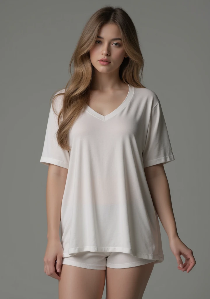 ((chef-d&#39;artwork, Ultra high quality, 8k resolution, extremely detailed)), (photo realistic), belle femme jeune mince, ((russe de 20 ans)), poitrine grosse taille bonnet F, ferme et bonne forme, cheveux long, ((t-shirt col v ample semi-transparent)), pantalons moulants, posing aside for a magazine