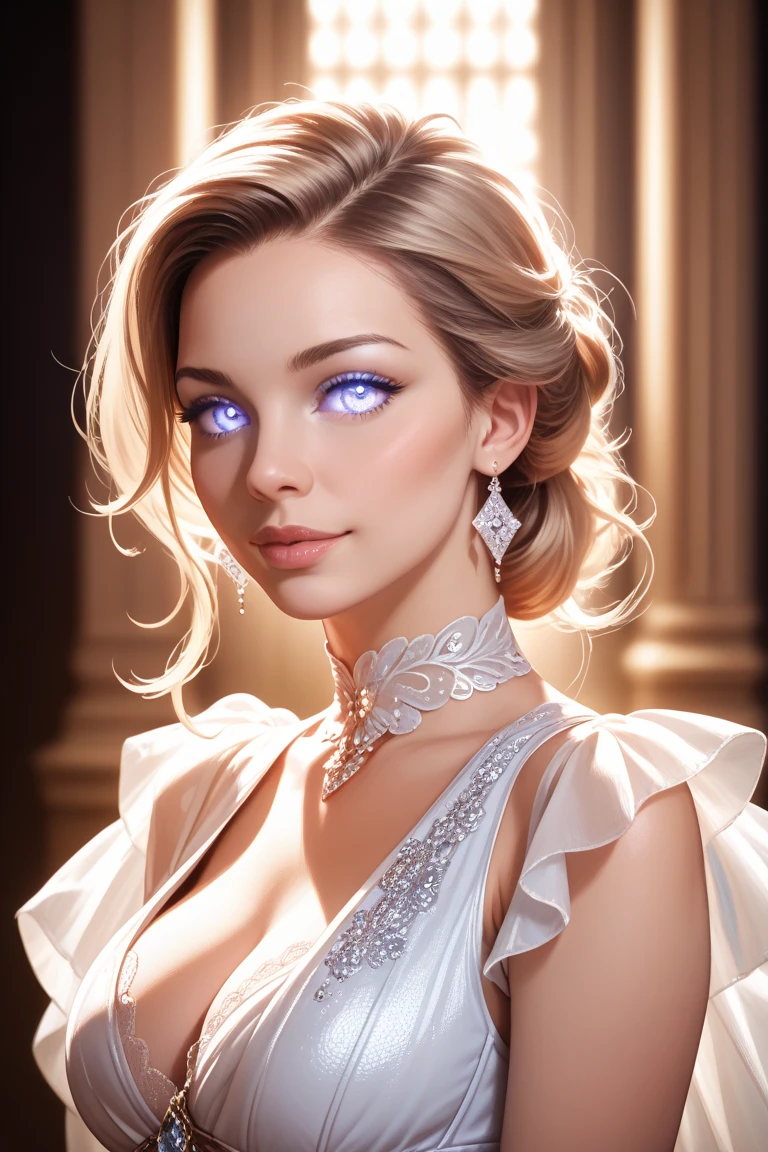 Quality (photo realistic style, UHD, 16k, textured skin, hight resolution), Portrait of a beautiful white woman, The perfect female face, short hair, wicked smile, evening gown